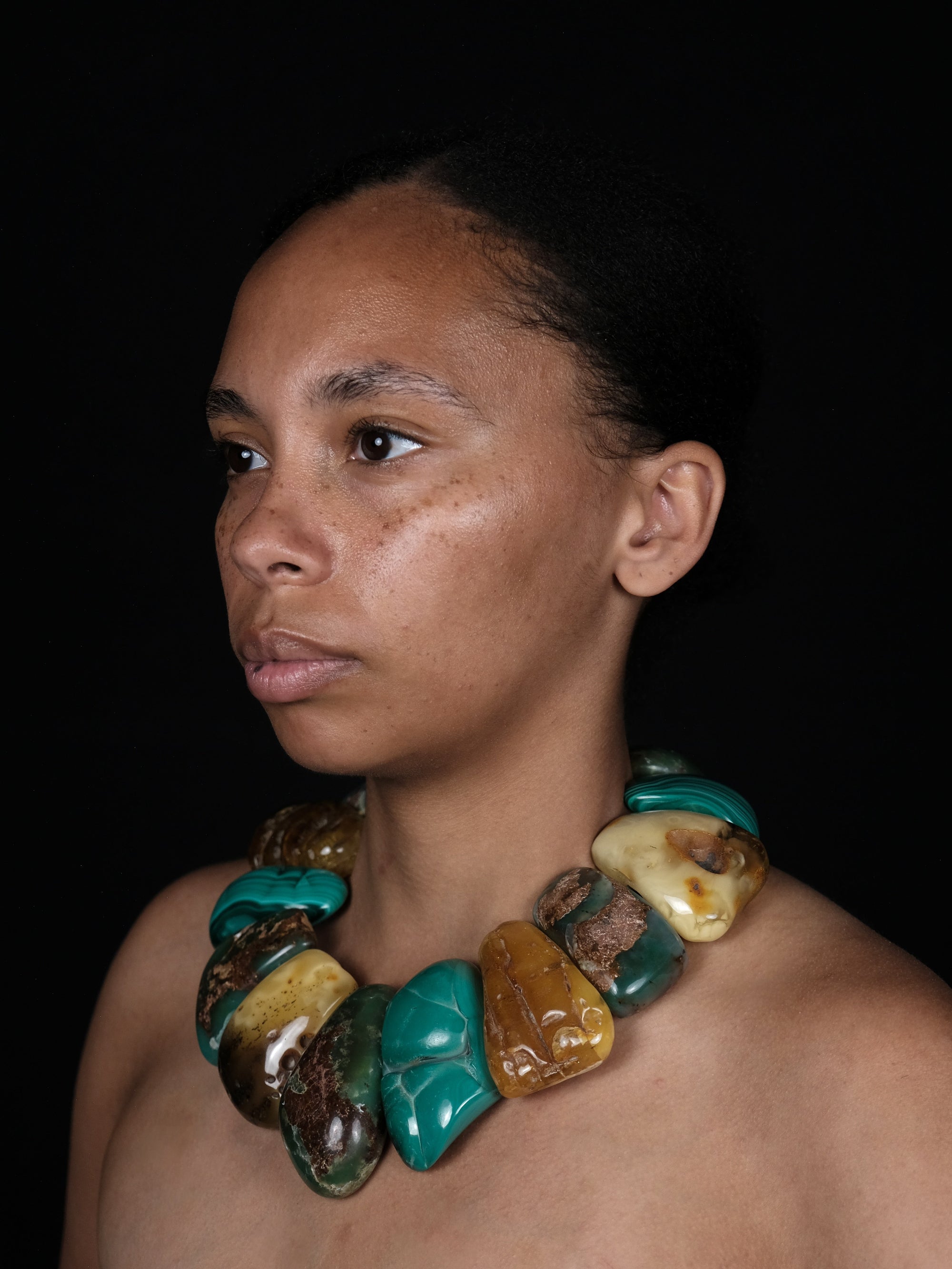 Necklace: amber, malachite, aventurine
