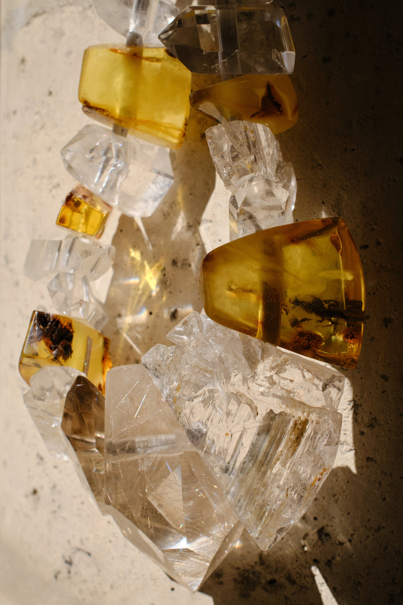 Necklace: amber, mountain crystal, quartz