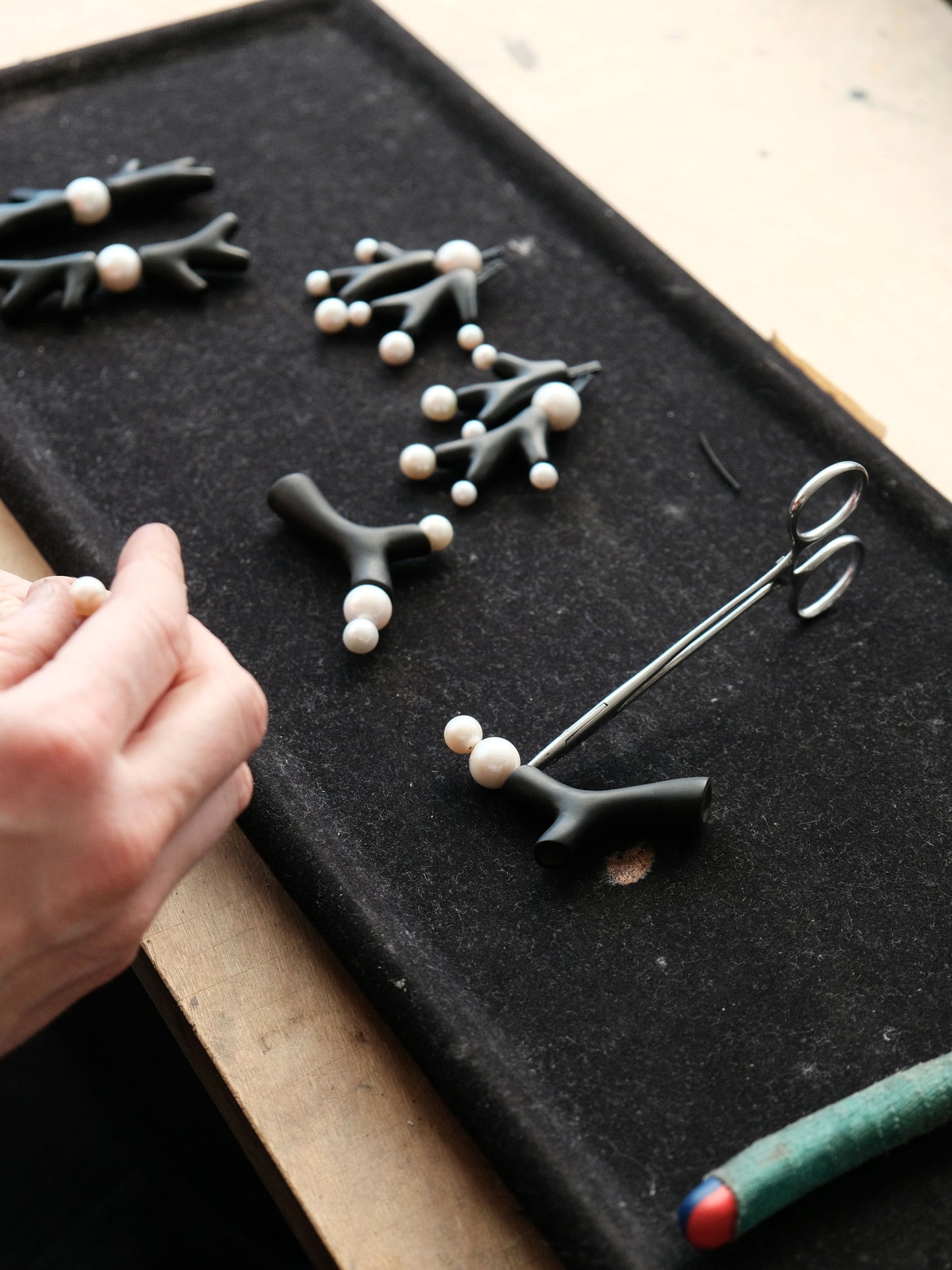 Earrings: kamagong, baroque pearl, freshwater pearl
