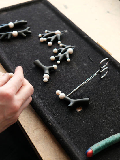 Earrings: kamagong, baroque pearl, freshwater pearl