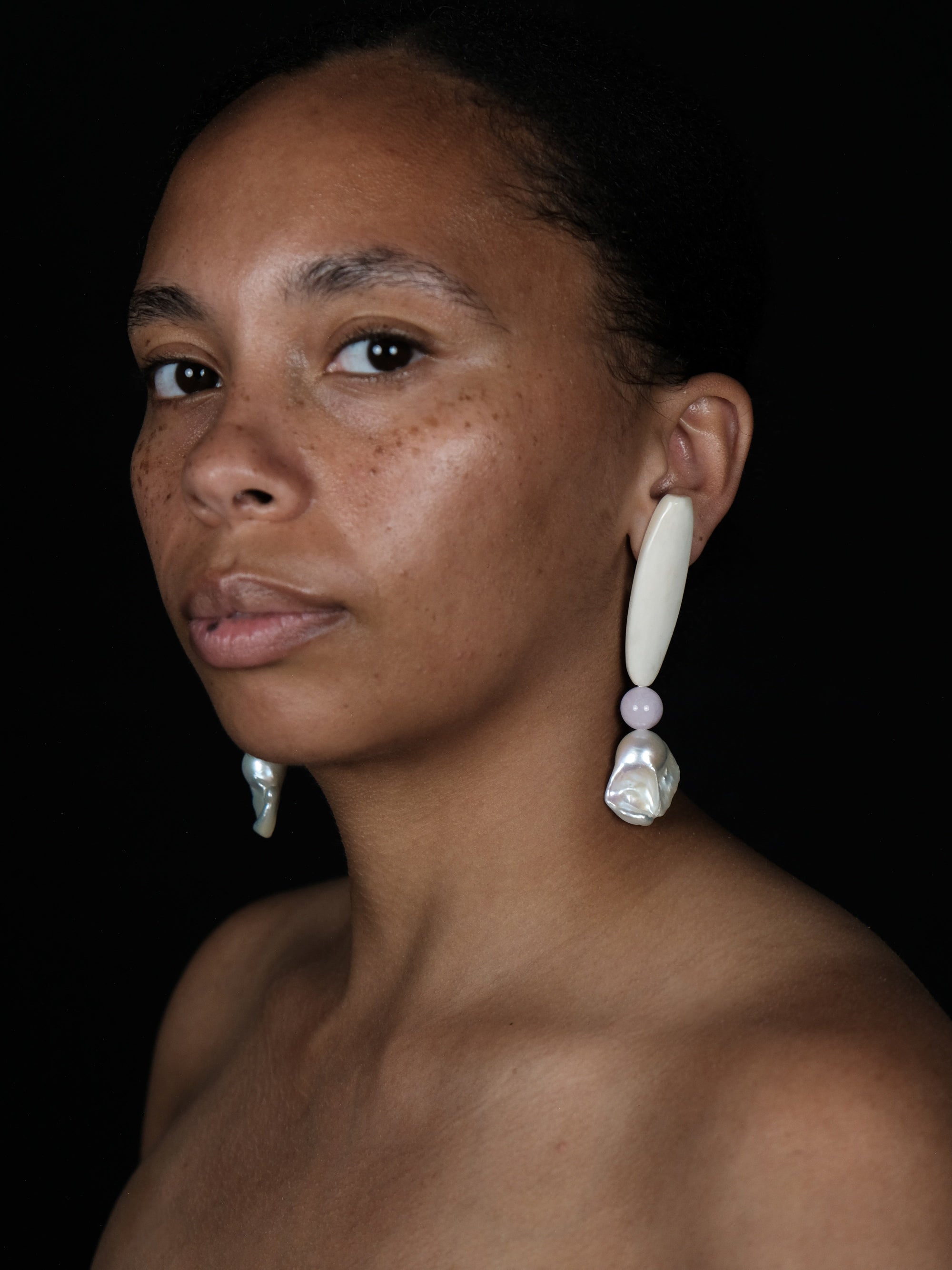 Earrings: bone, baroque pearl, rose quartz