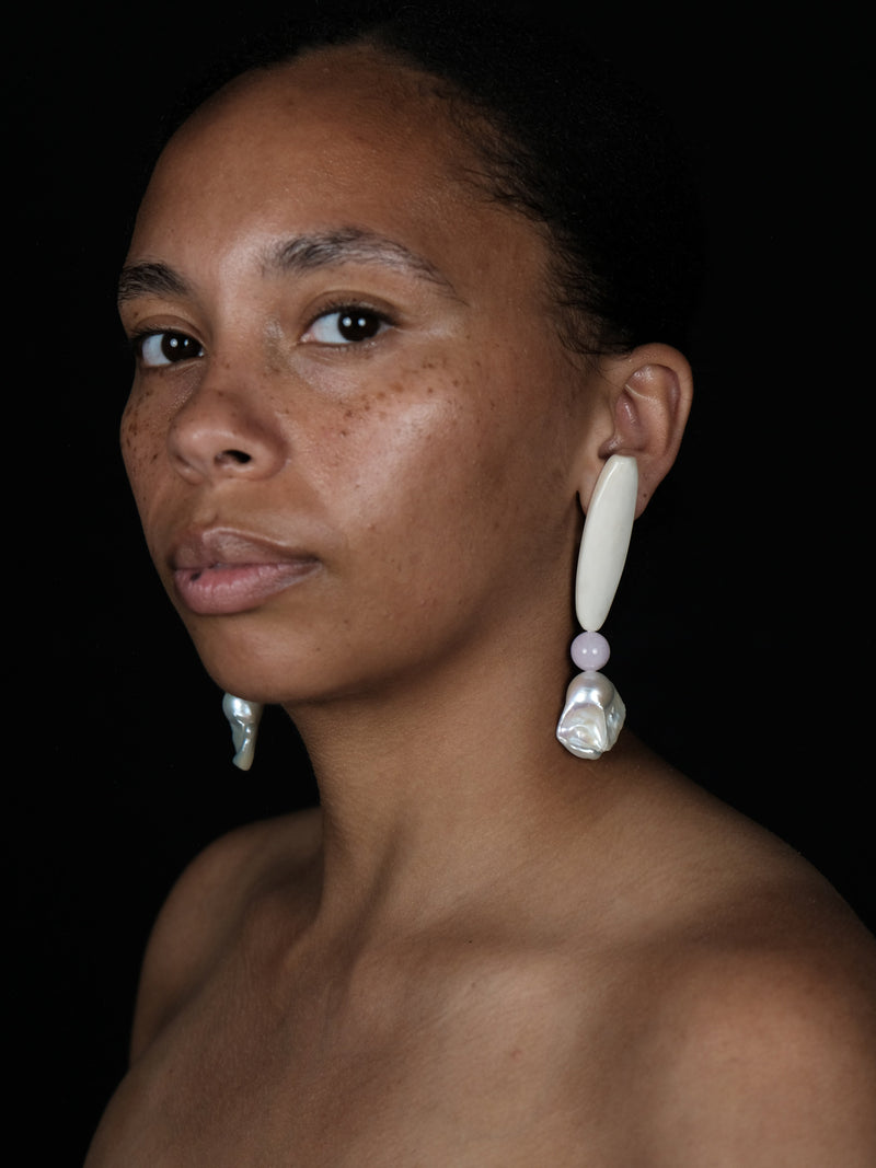 Earrings: bone, baroque pearl, rose quartz