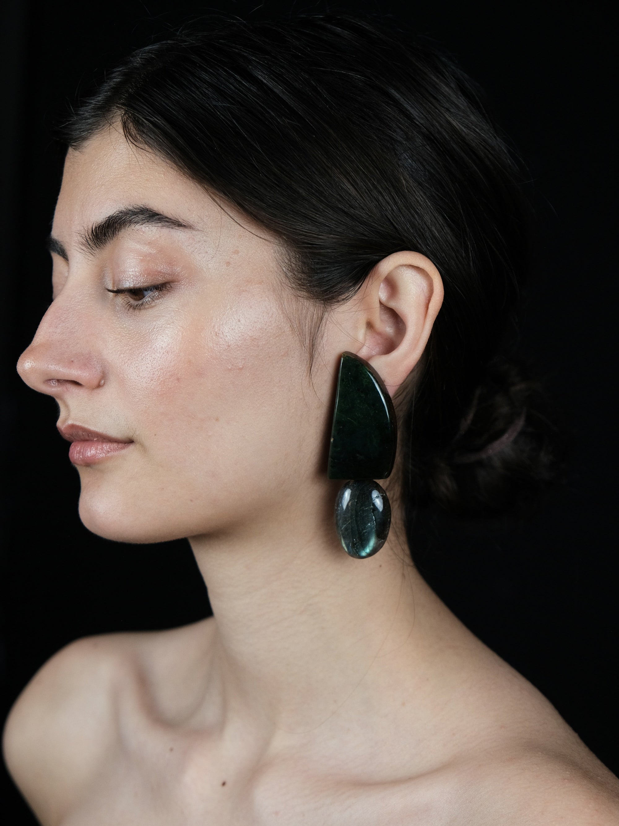 Earrings: nephrite, labradorite, zebrano wood