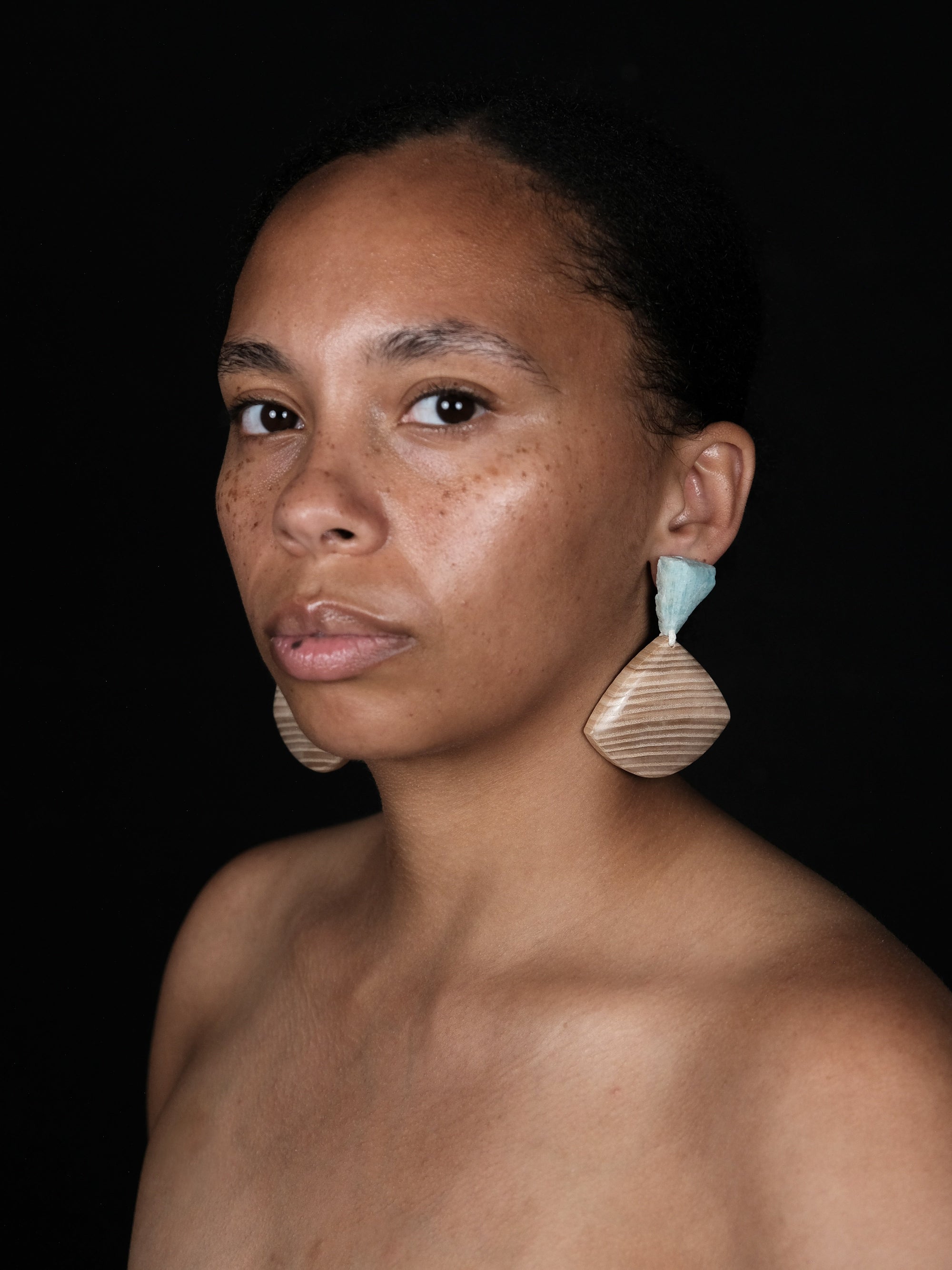 Earrings: amazonite, oak