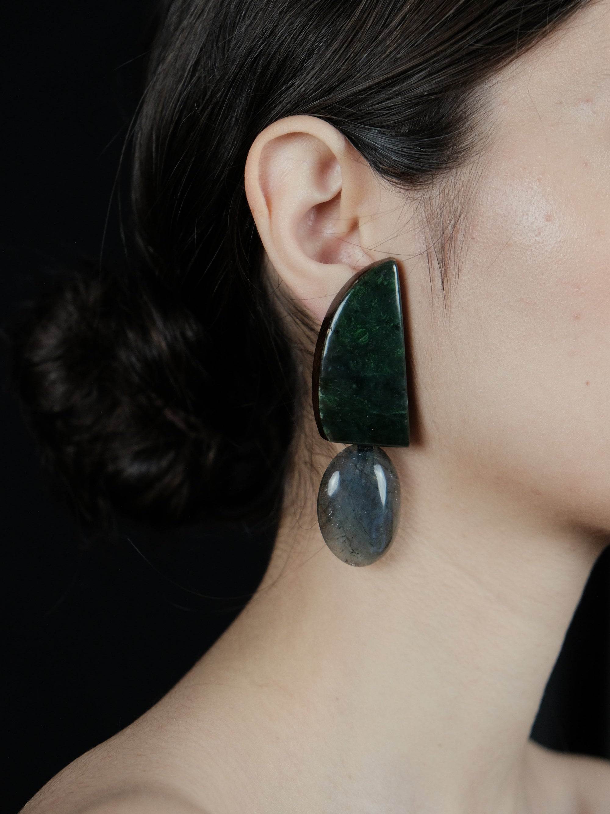 Earrings: nephrite, labradorite, zebrano wood