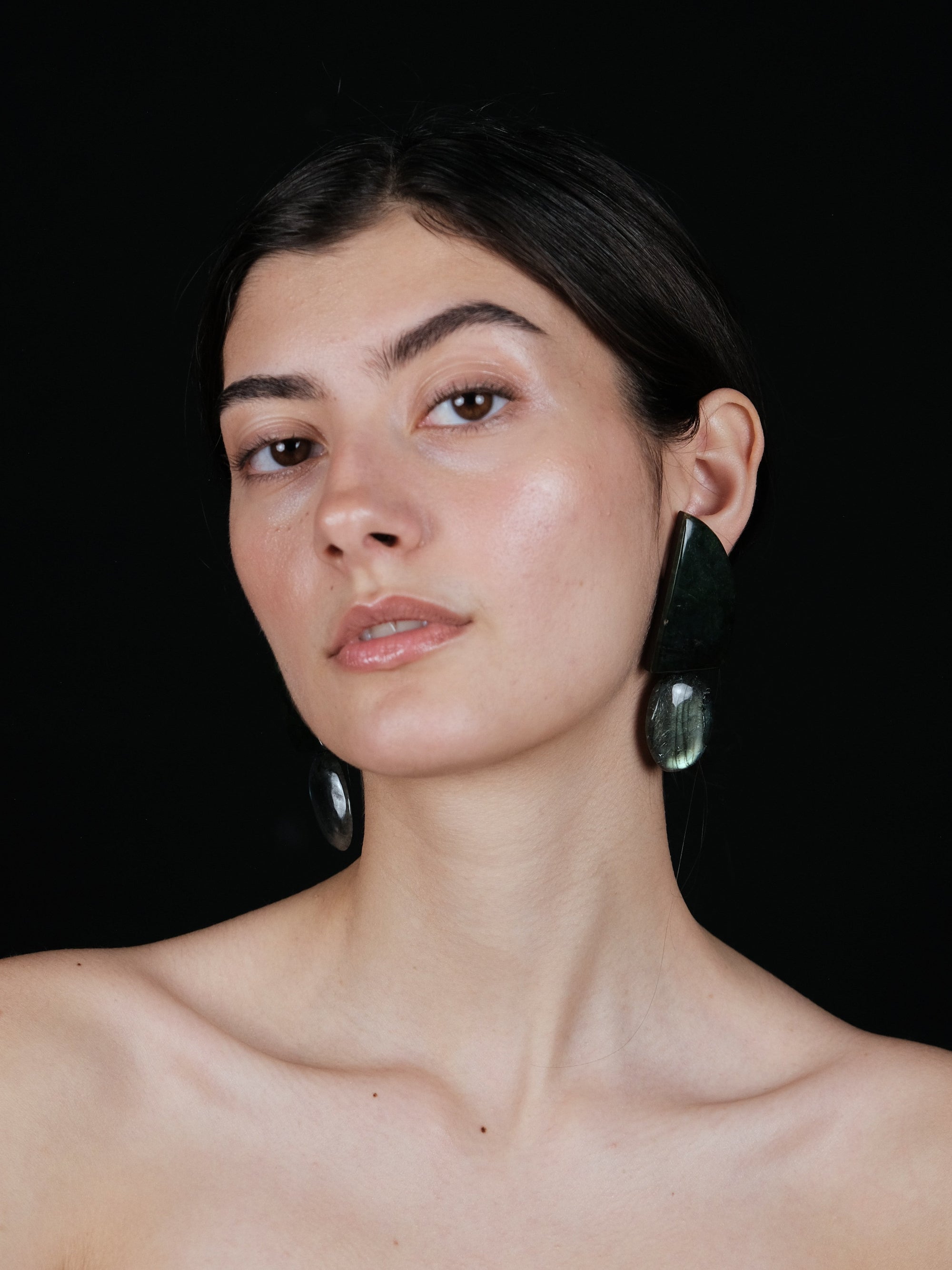 Earrings: nephrite, labradorite, zebrano wood