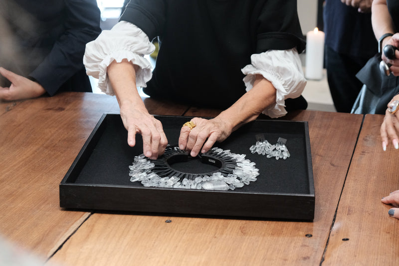 Necklace: mountain crystal, quartz, leather