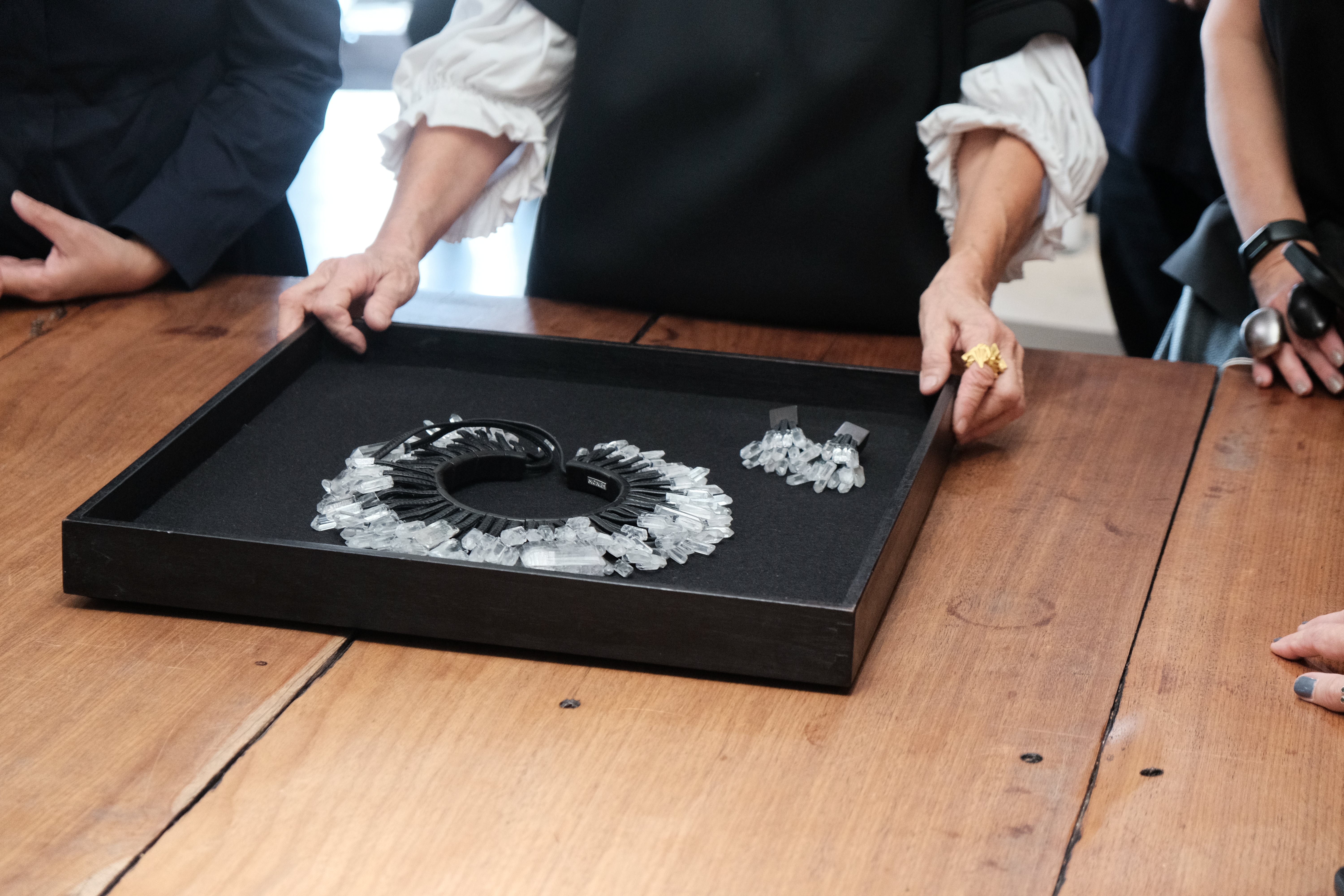 Necklace: mountain crystal, quartz, leather
