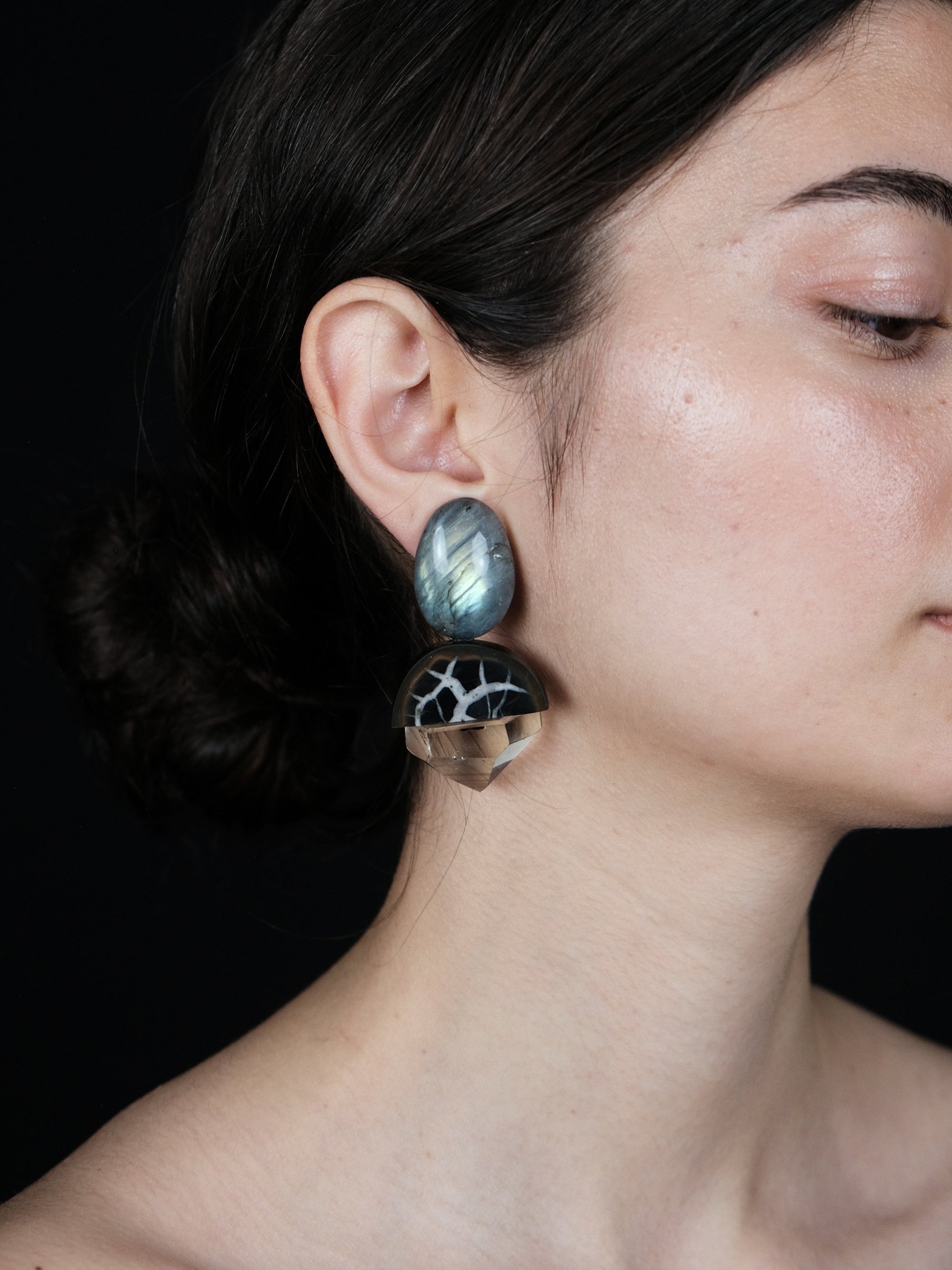 Earrings: labradorite, septarian stone, citrine