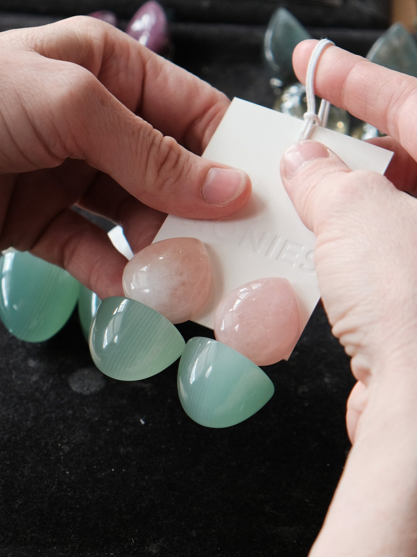 Earrings: calcite, rosequartz