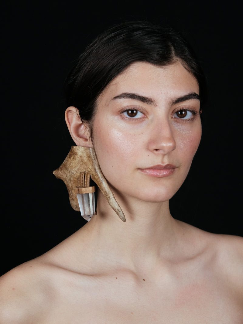 Earrings: antler, mountain crystal