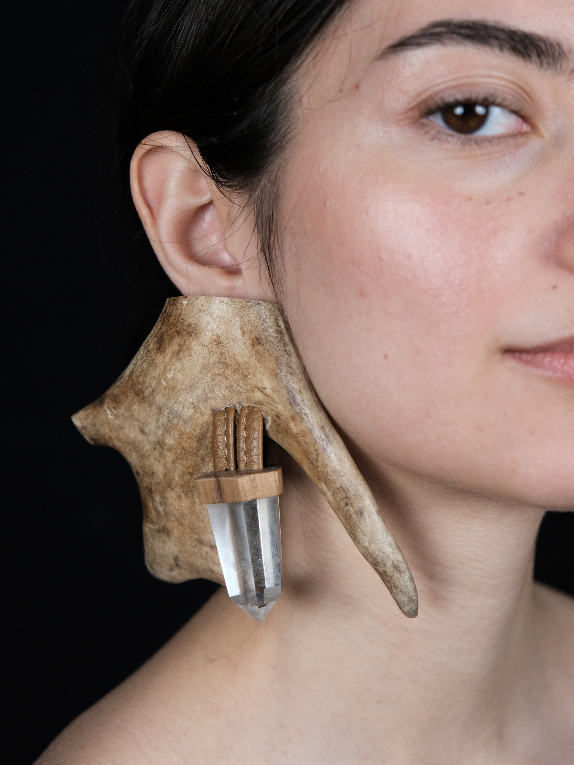 Earrings: antler, mountain crystal