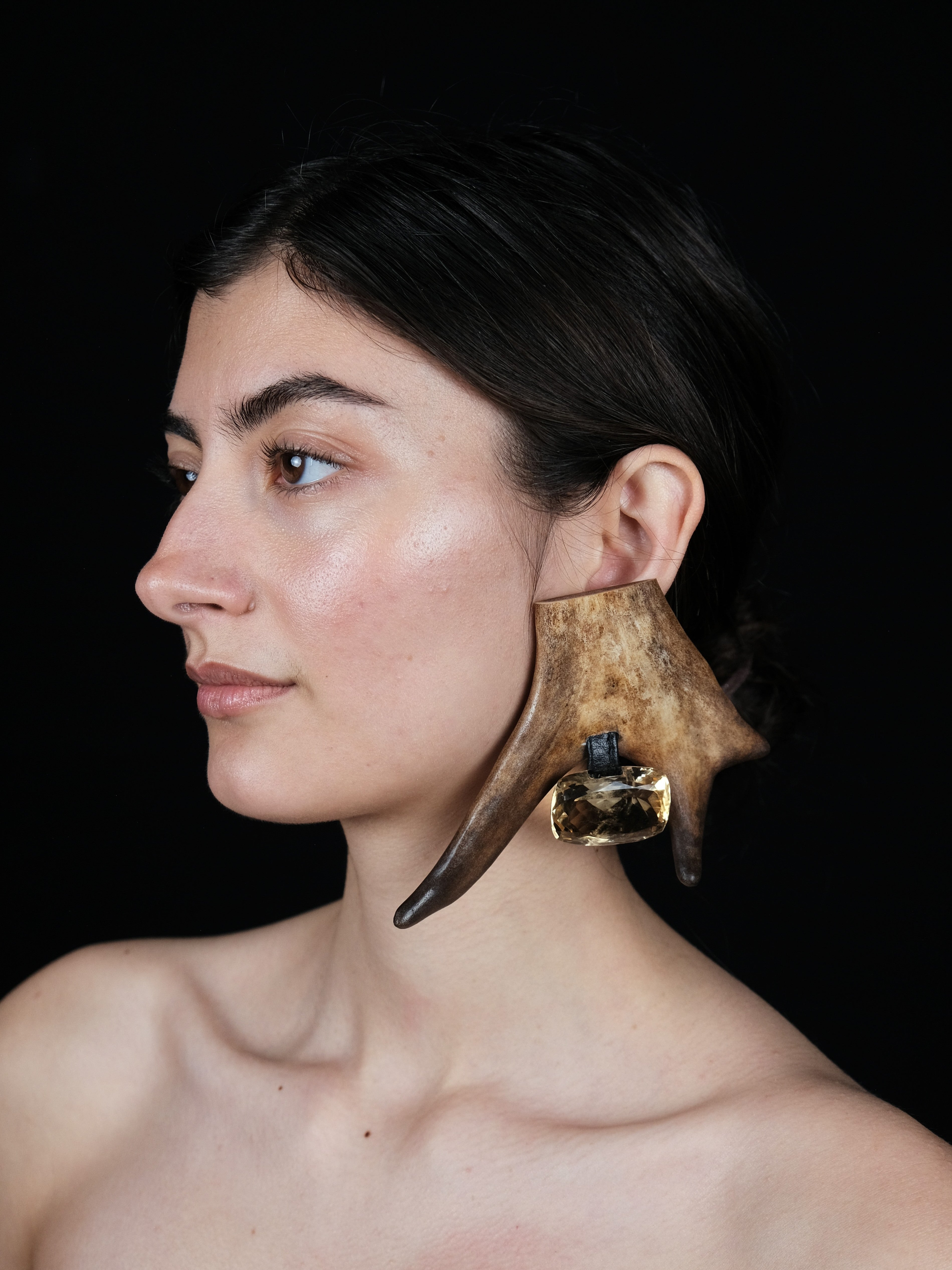 Earrings: antler, citrine