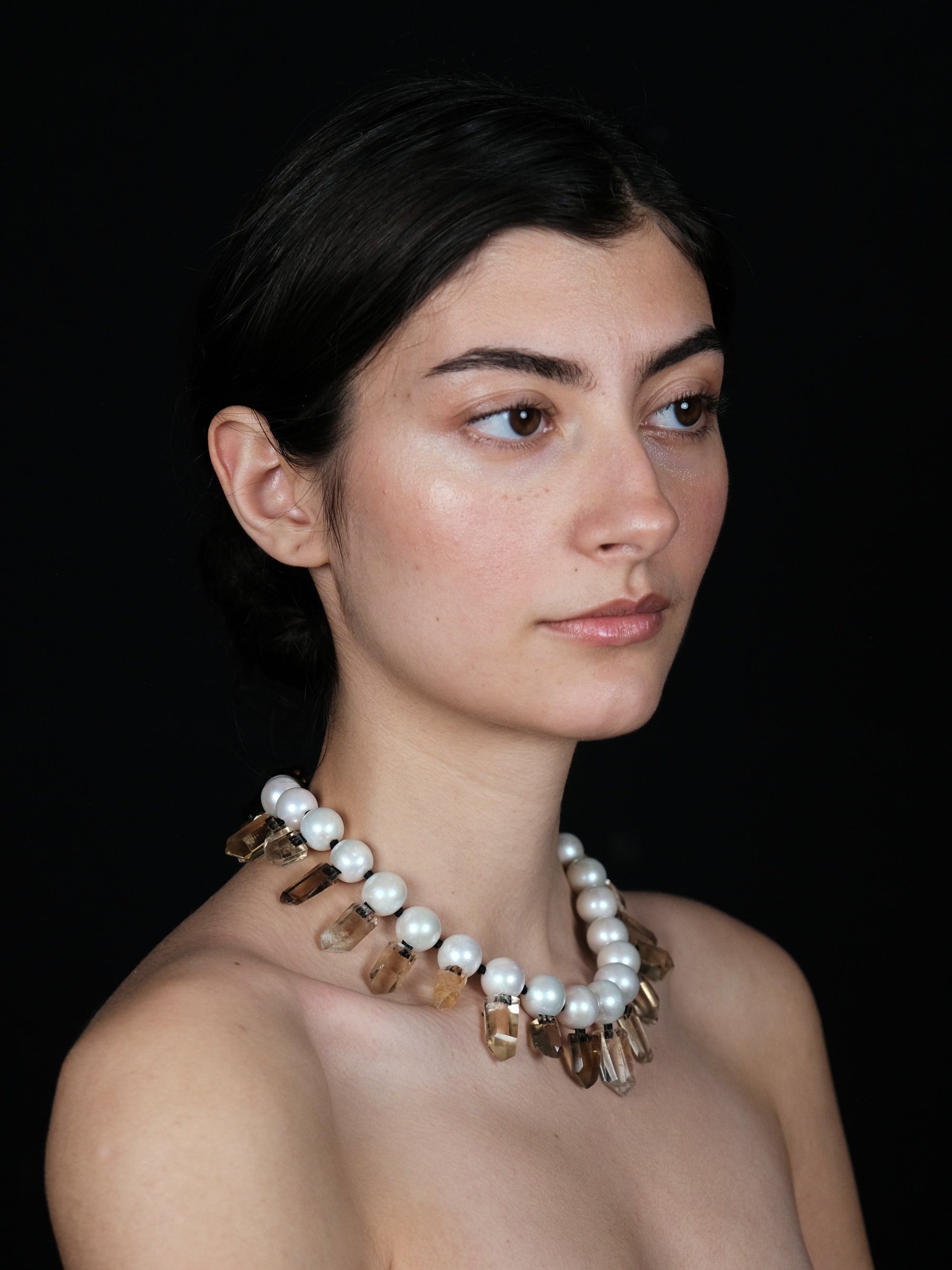 Necklace: pearls, mountain crystal, ruthilated quartz
