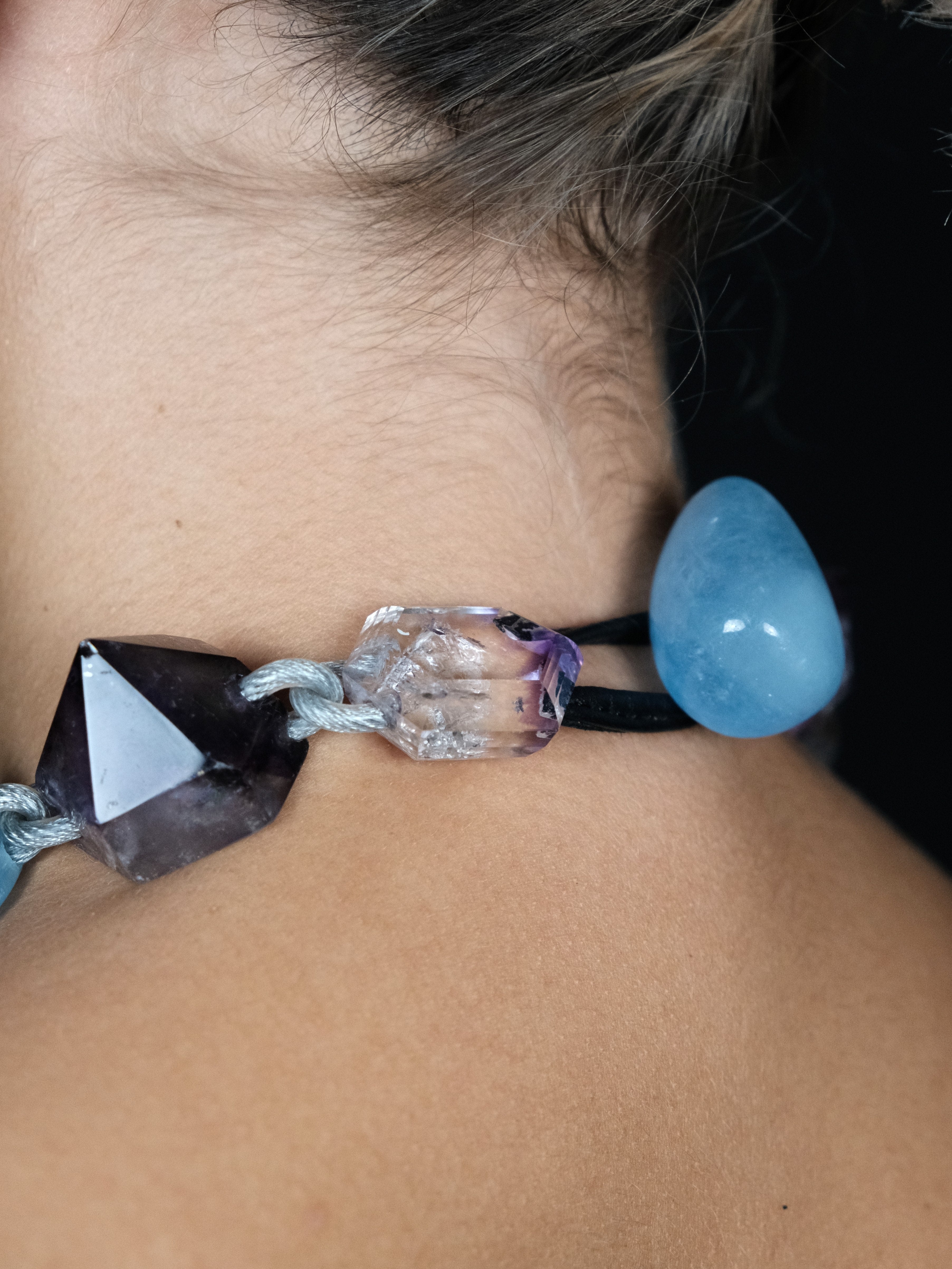Necklace: aquamarine, amethyst, quartz