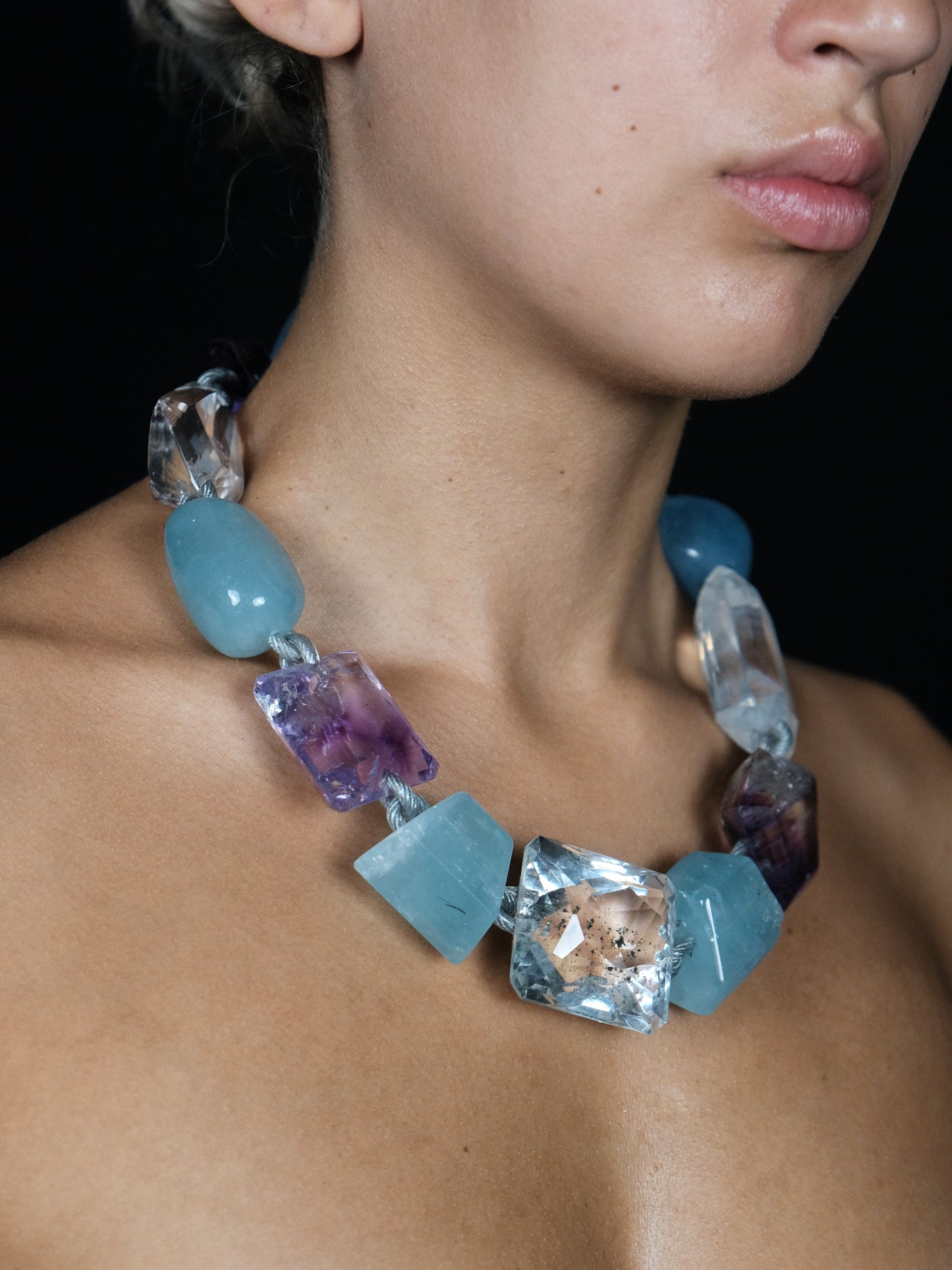 Necklace: aquamarine, amethyst, quartz