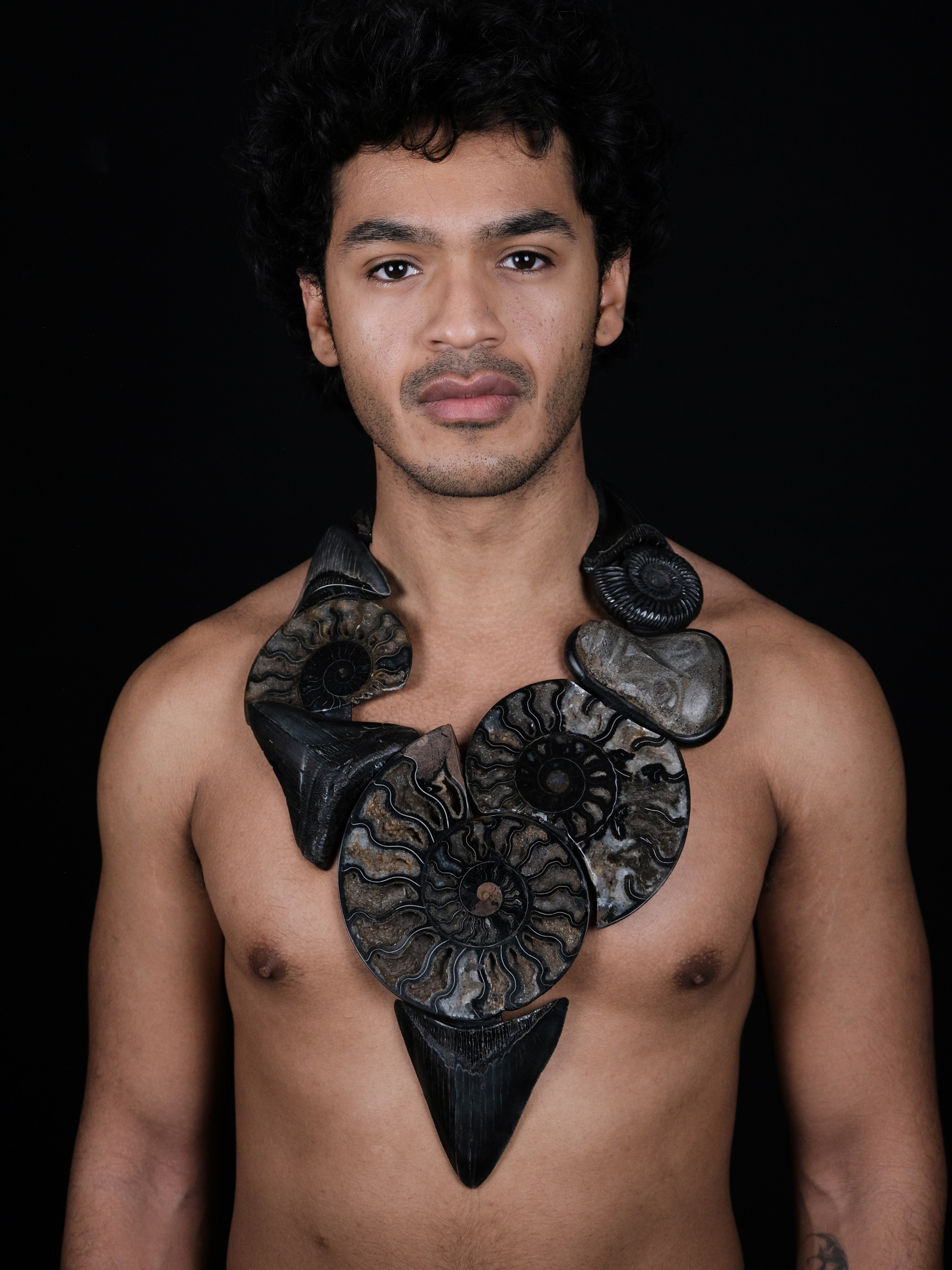 Necklace: prehistoric shark tooth, ammonites