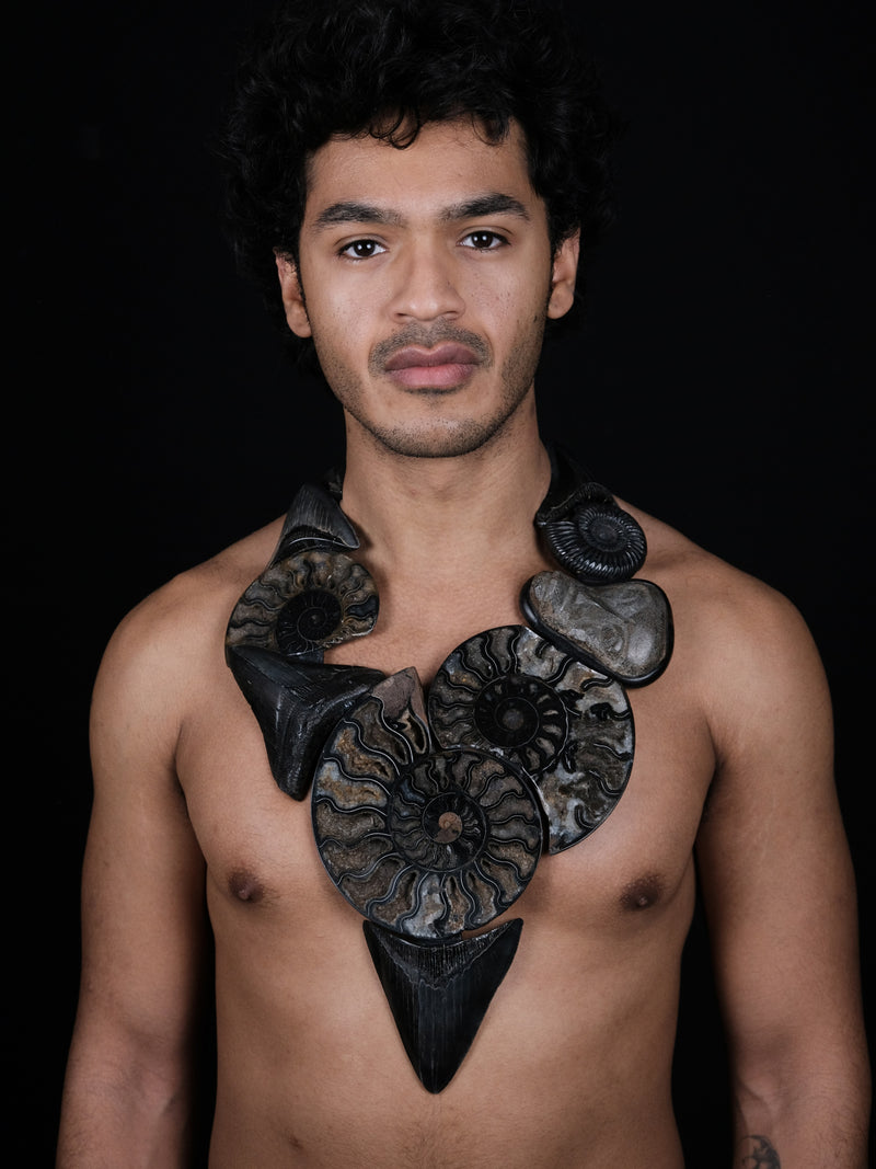 Necklace: prehistoric shark tooth, ammonites