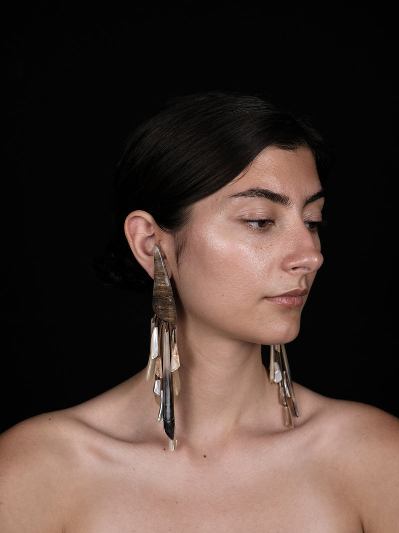 Earrings: caprinae horn, mother of pearl