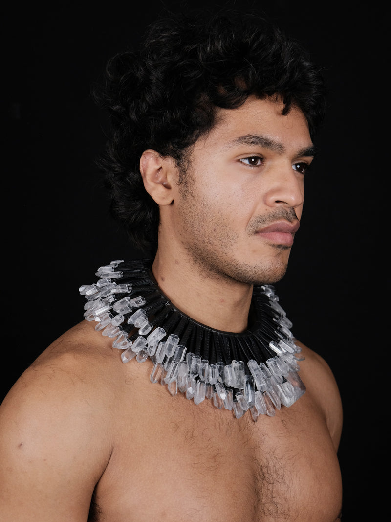 Necklace: mountain crystal, quartz, leather