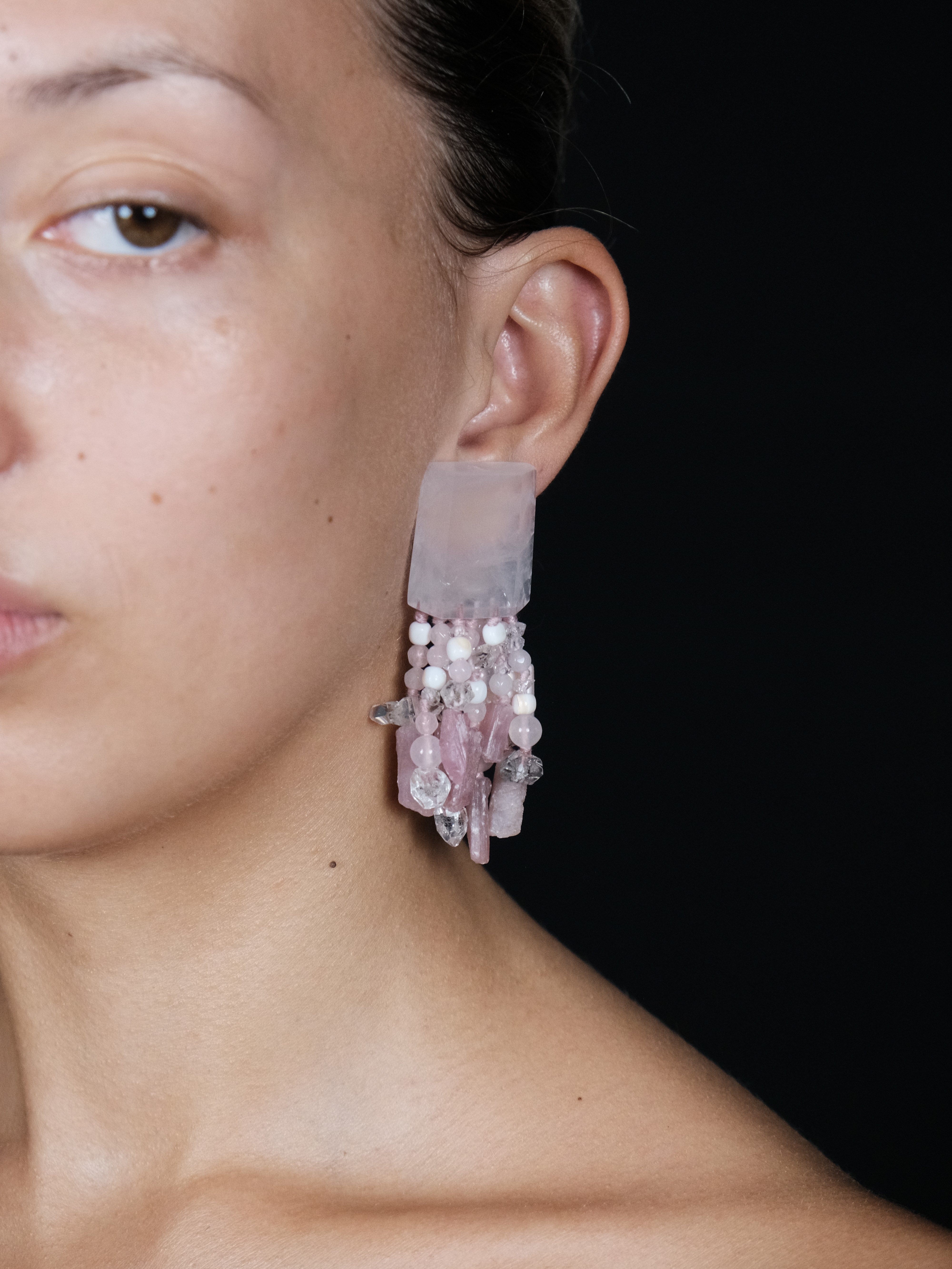 Earrings: diamond quartz, rose quartz, tourmaline