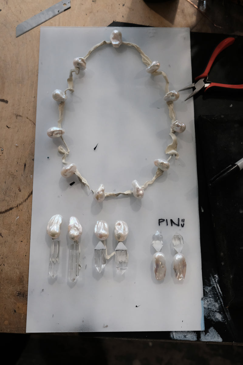 Earrings: mountain crystal, baroque pearls