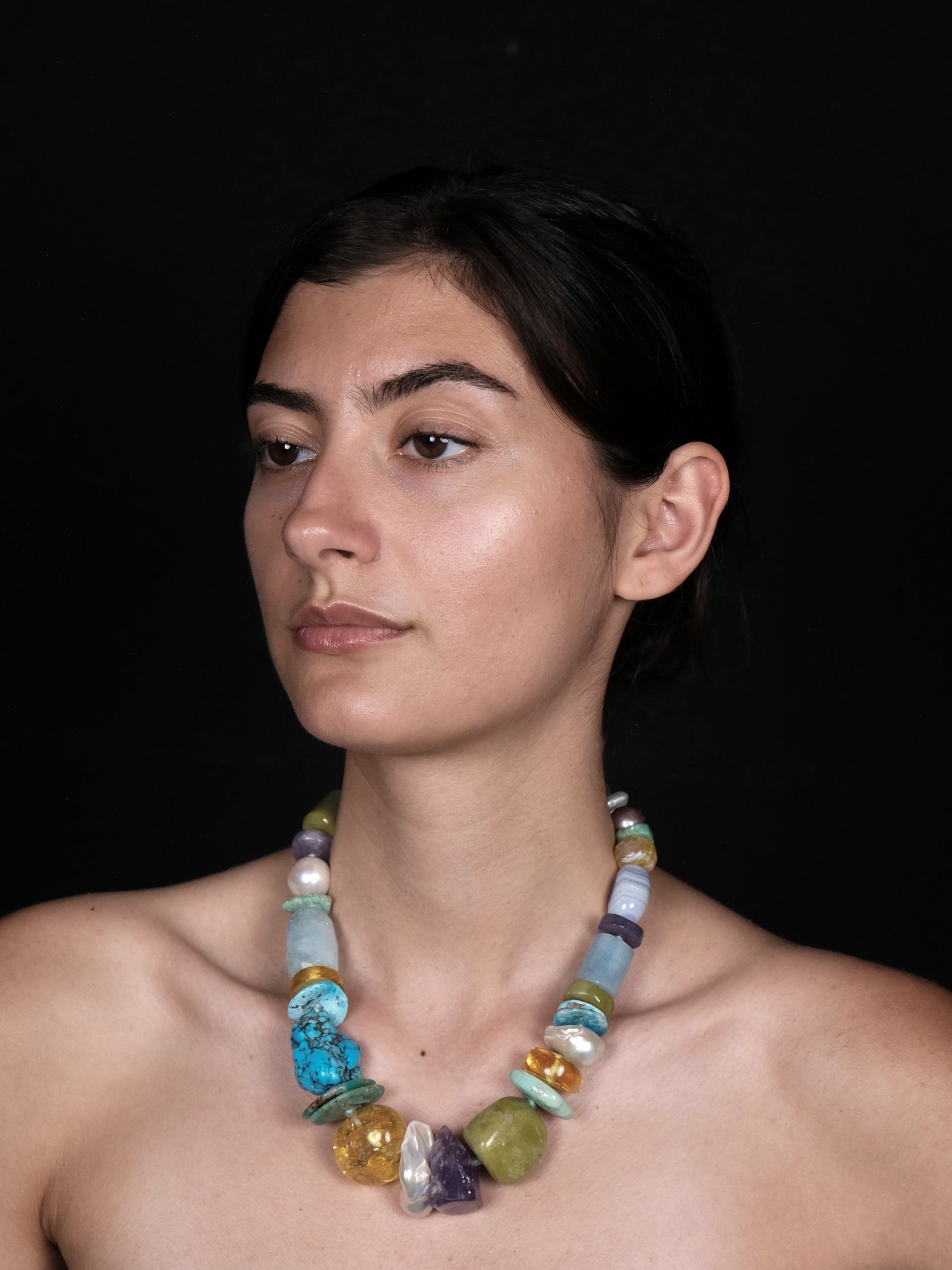 Necklace: amber, aquamarine, amethyst, calcedony, citrine