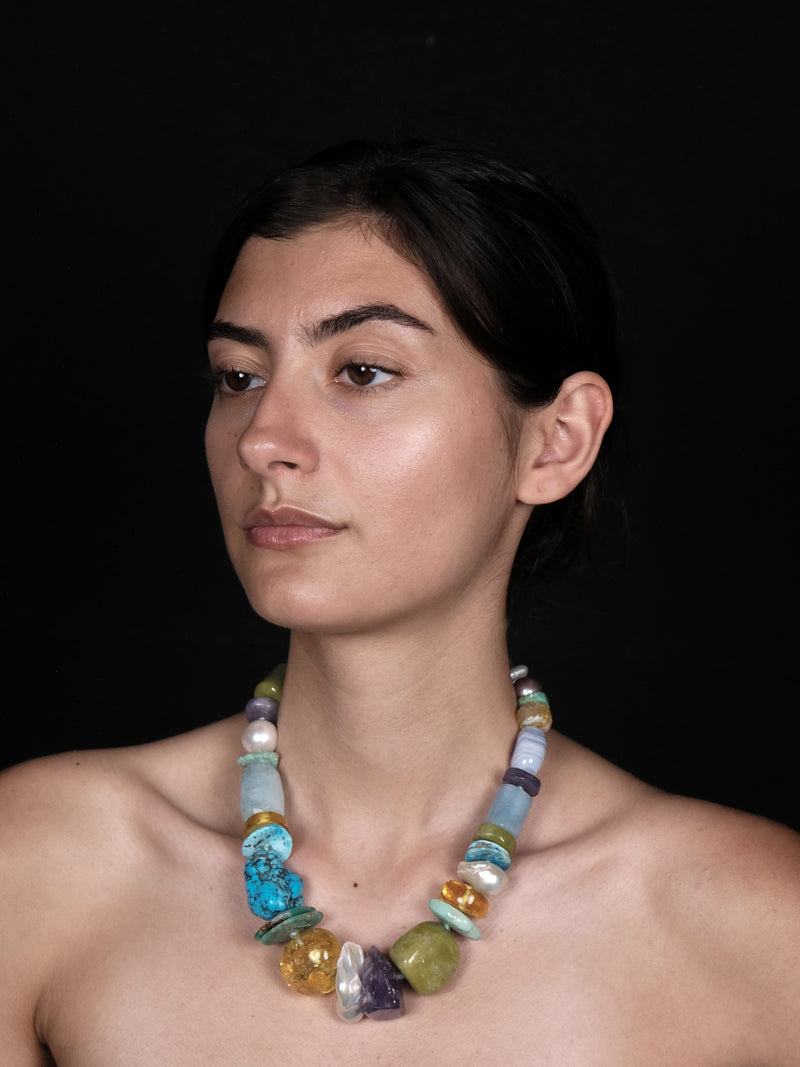 Necklace: amber, aquamarine, amethyst, calcedony, citrine
