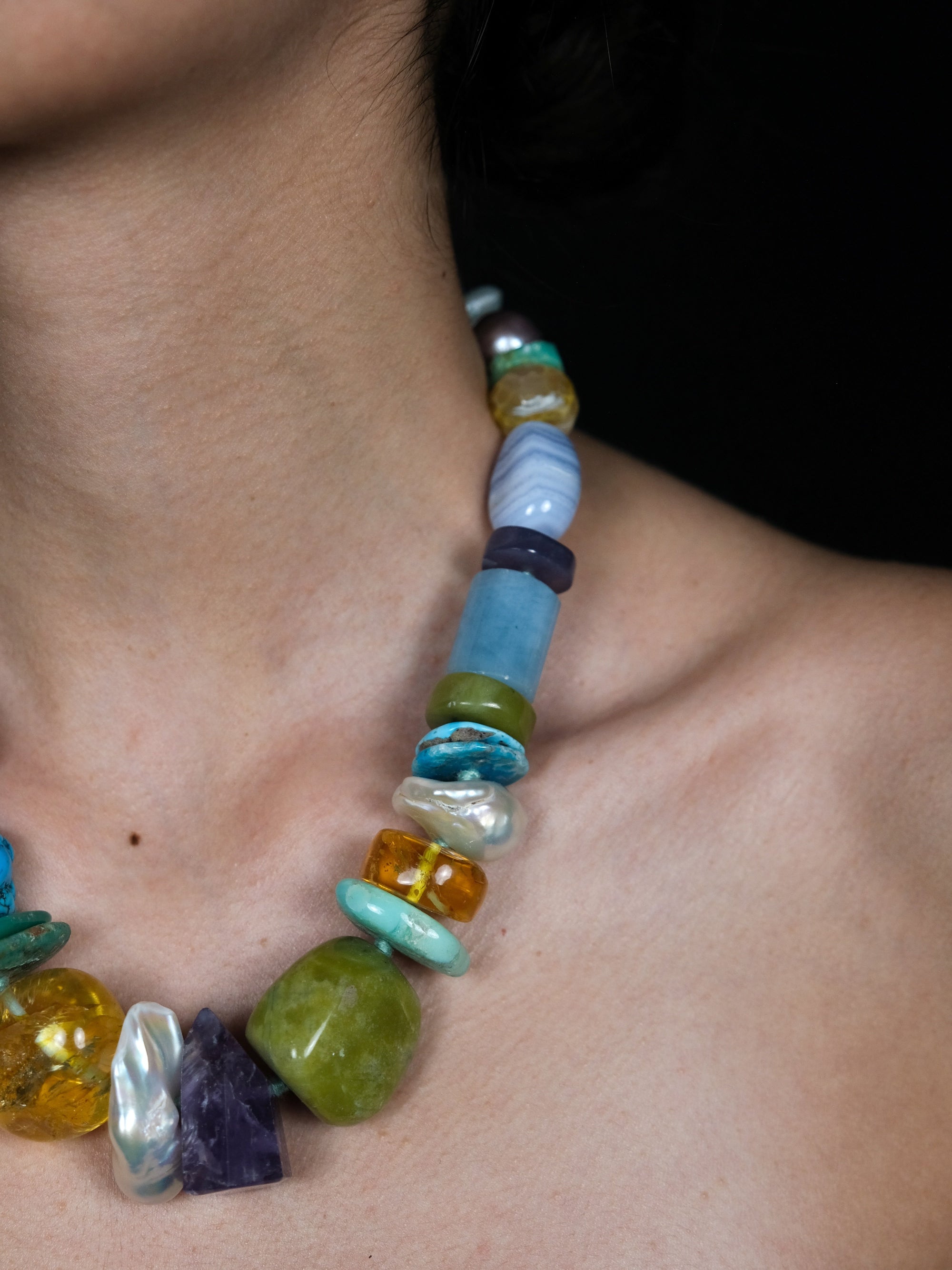 Necklace: amber, aquamarine, amethyst, calcedony, citrine