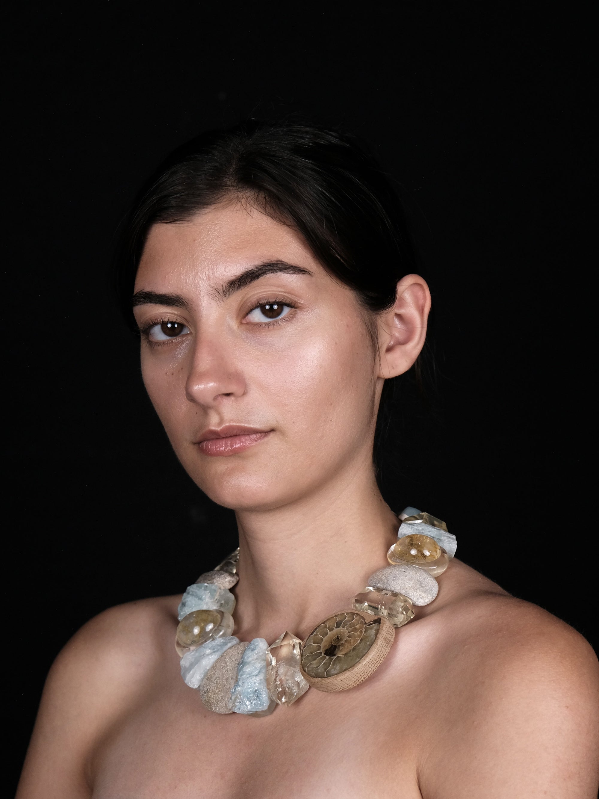 Necklace: aquamarine, ammonite, petrified dinosaur bone, citrine, fluorite, quartz