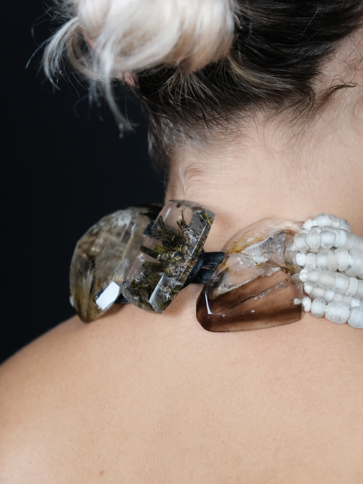 Necklace: antique beads, rutilated quartz