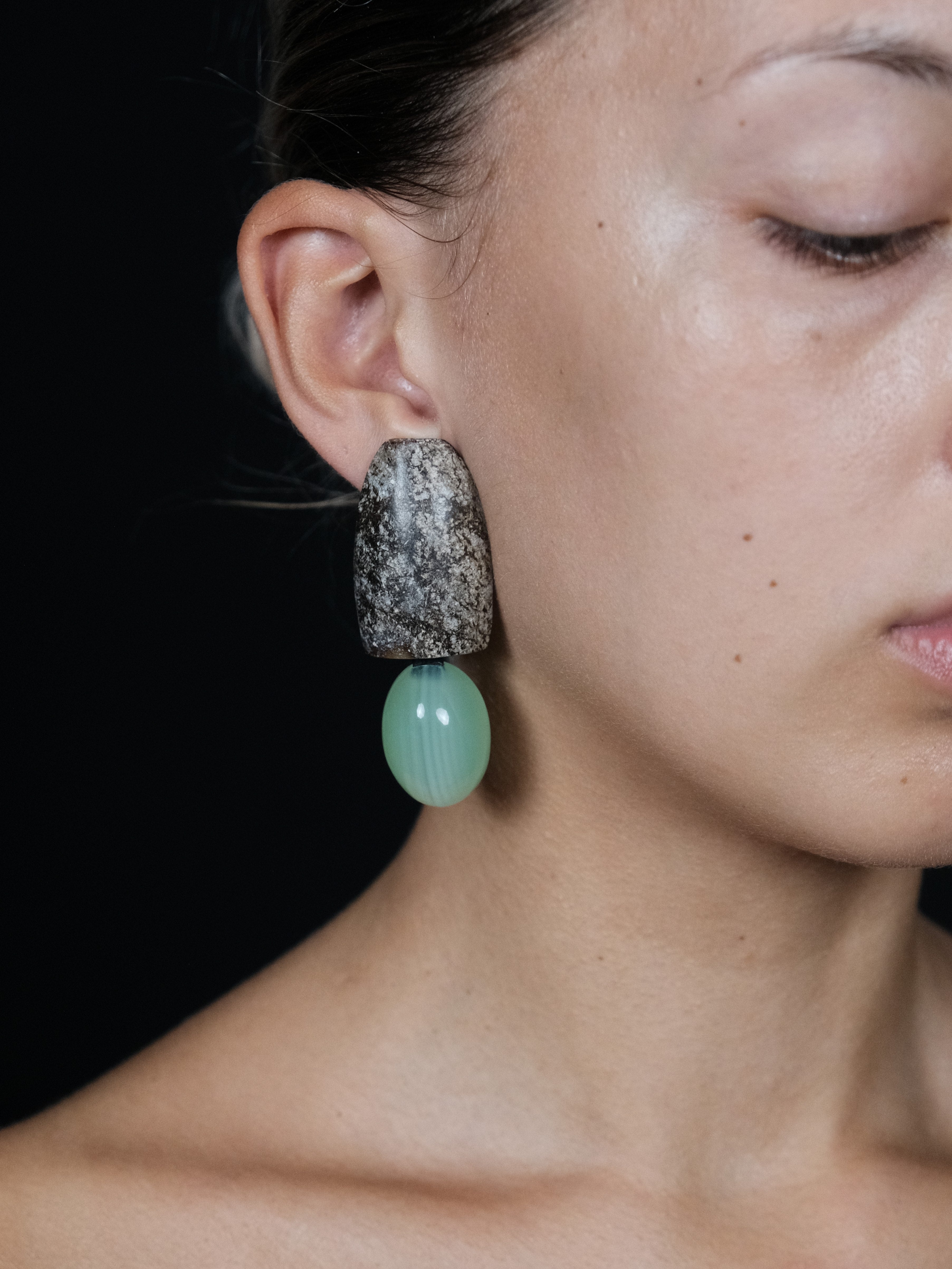 Earrings: jade, agate