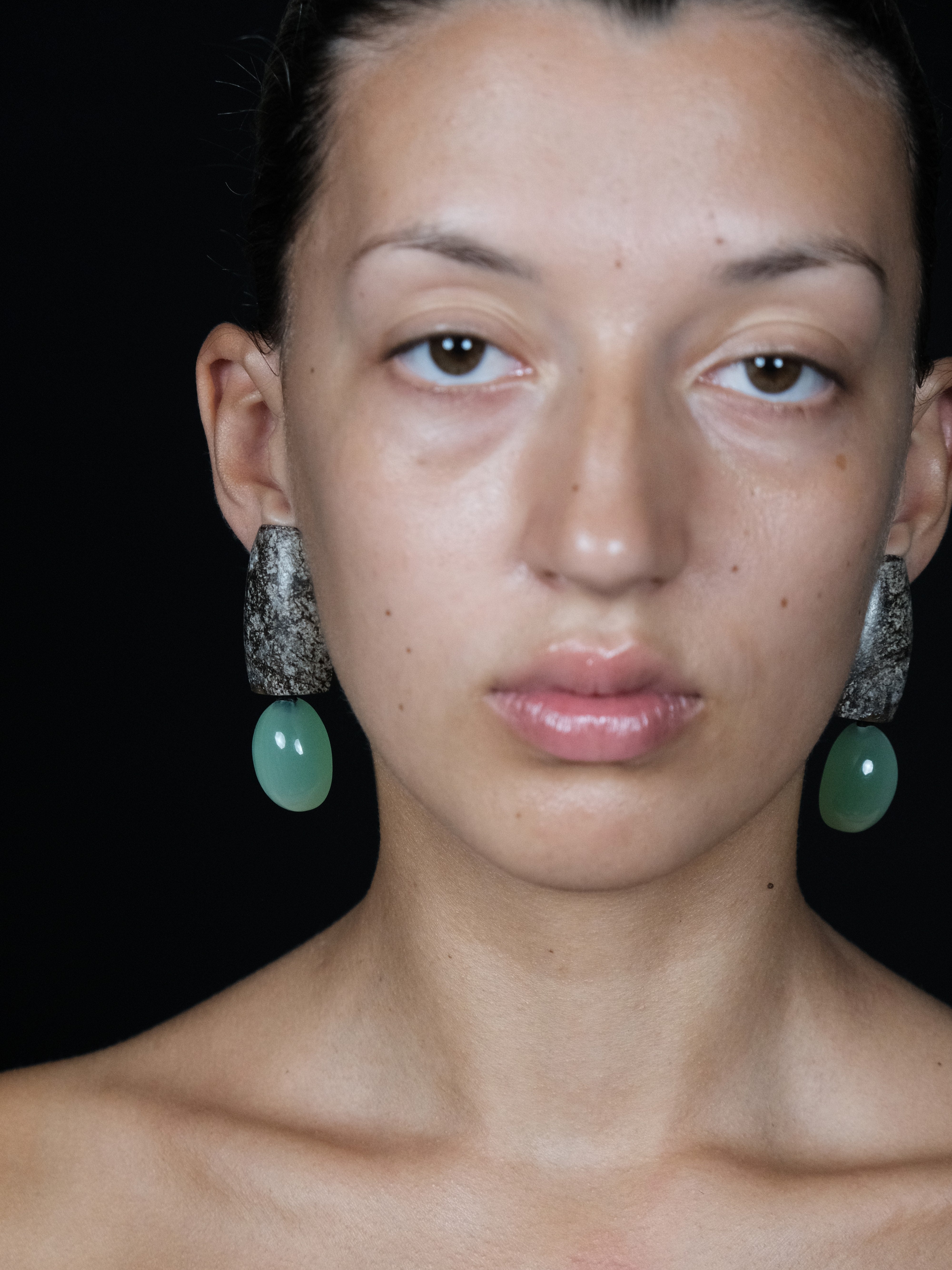Earrings: jade, agate