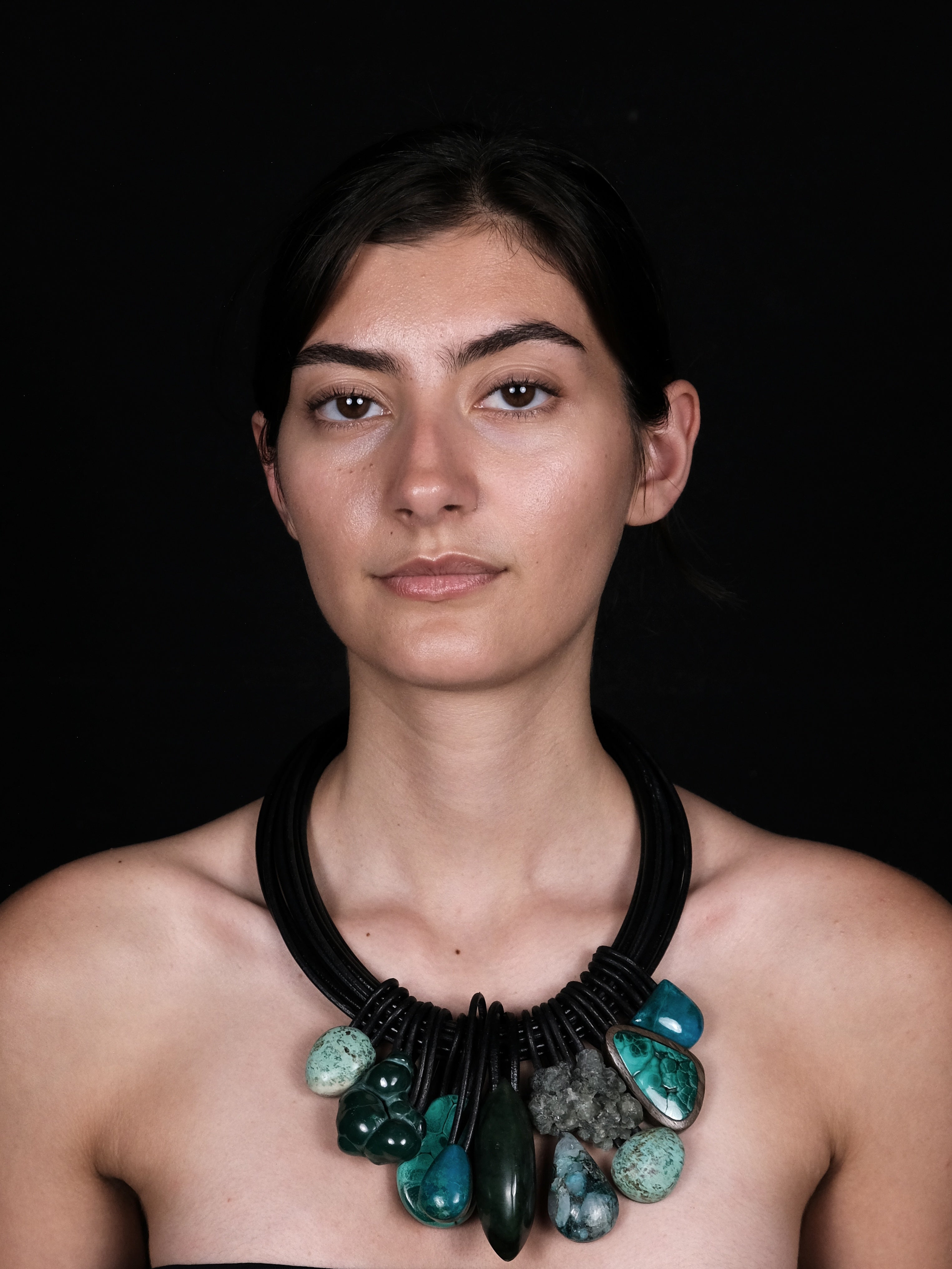 Necklace: leather, agate, chrysocolla, malachite