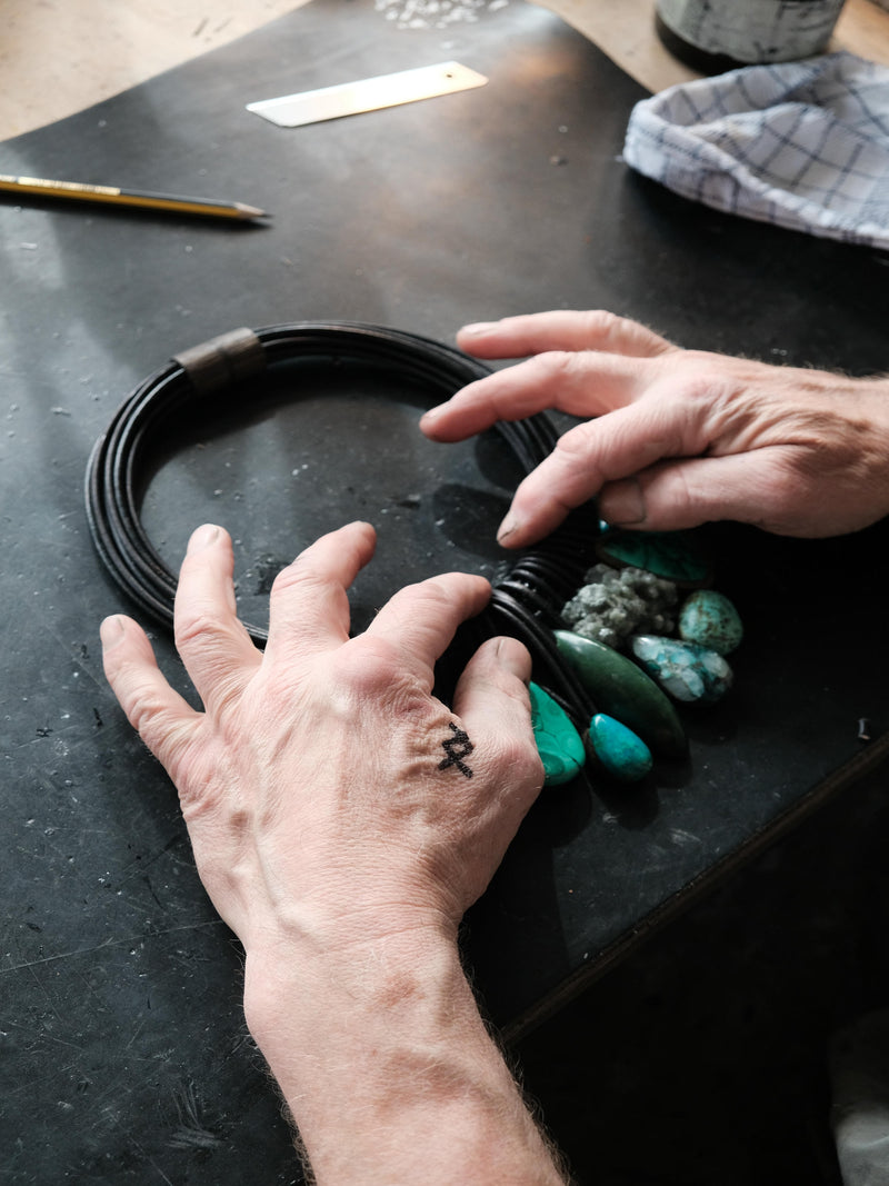 Necklace: leather, agate, chrysocolla, malachite