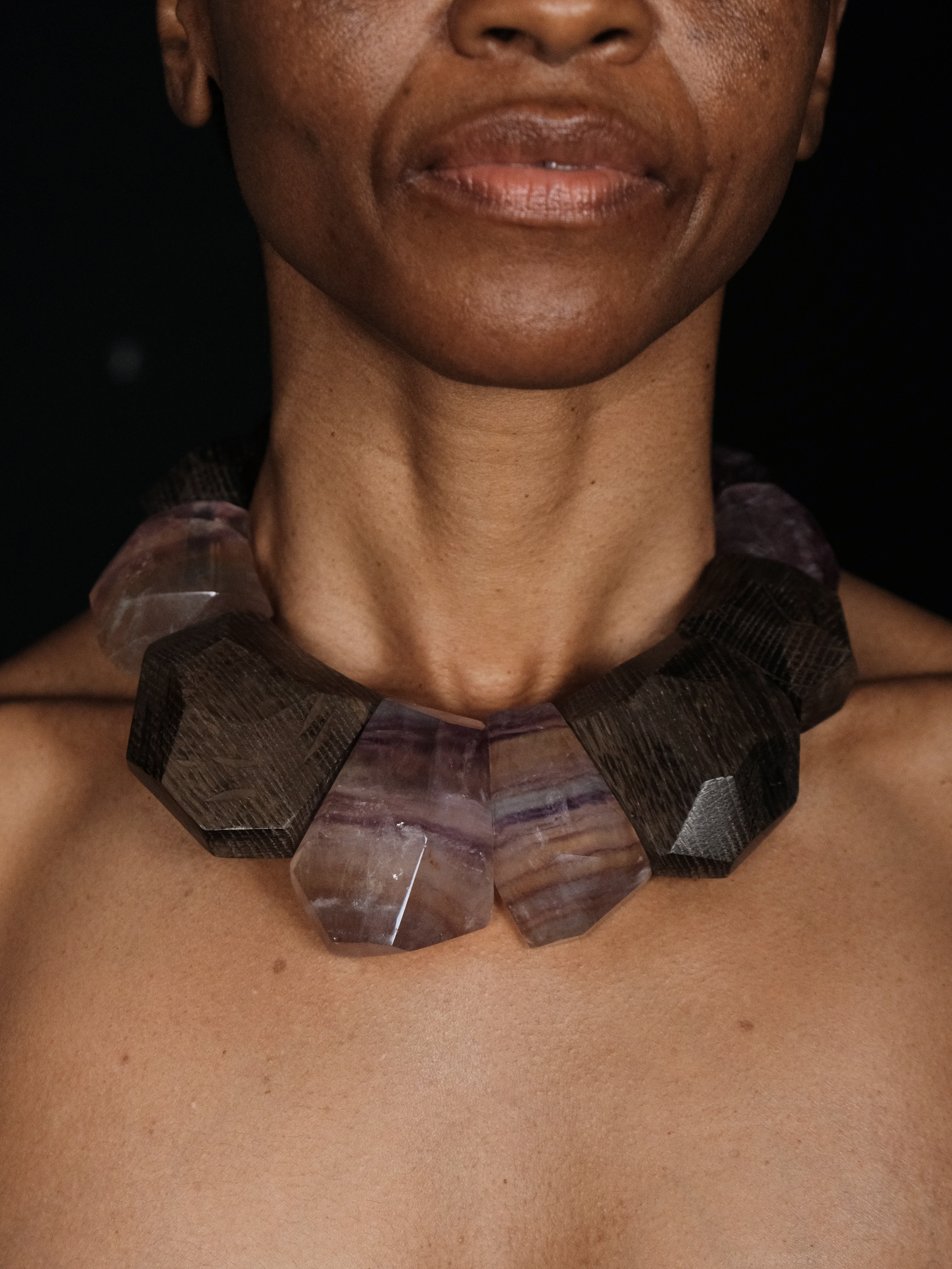 Necklace: bog oak, flourite