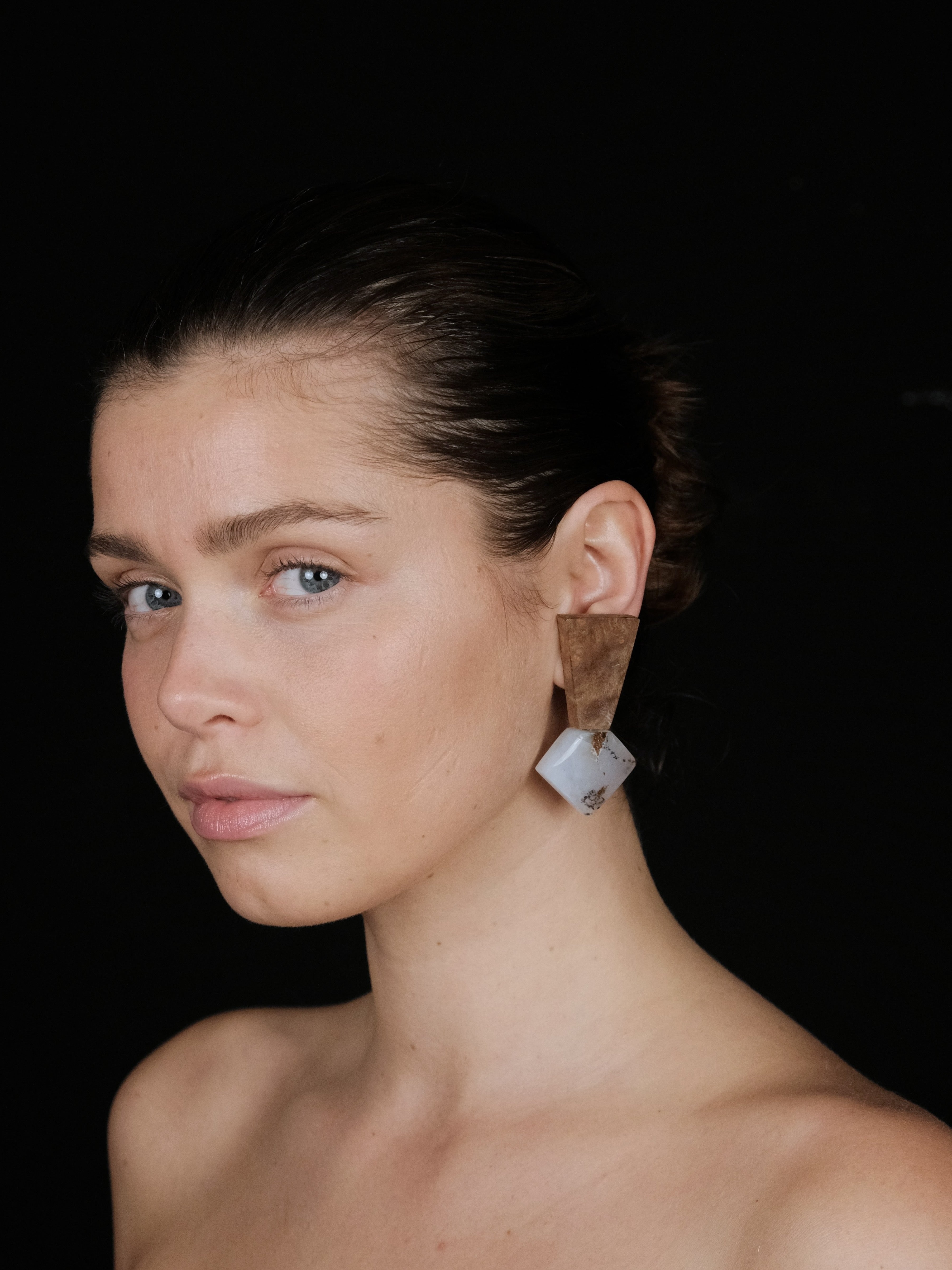 Earrings: dendritic opal, briar wood