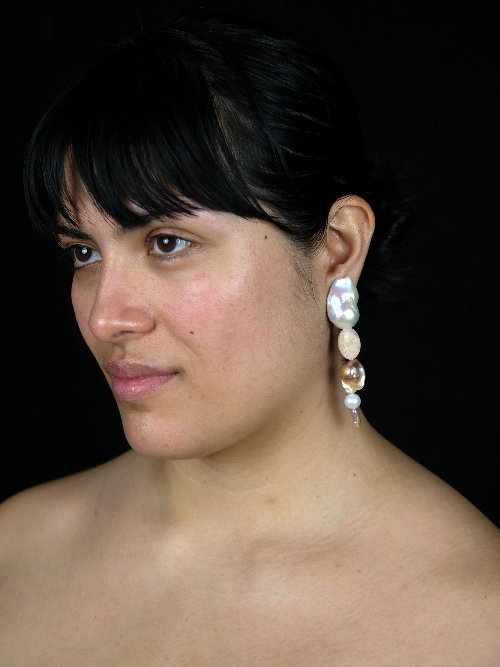 Earrings: andean opal, baroque pearl, freshwater pearls