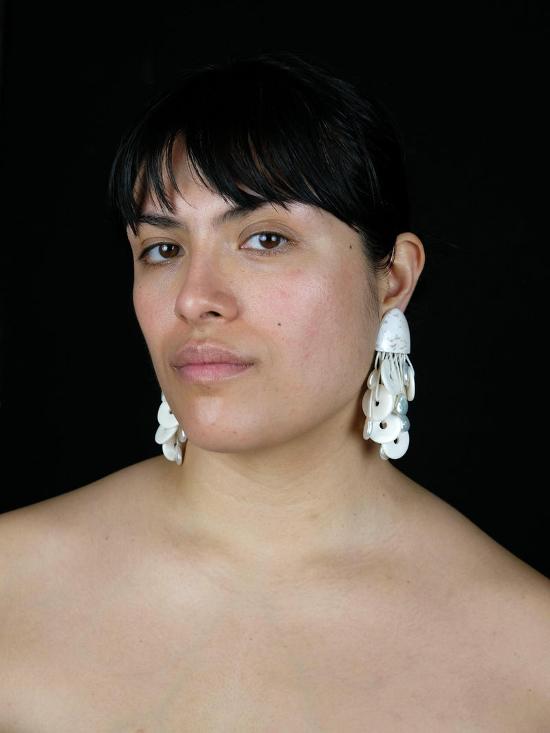Earrings: bone, baroque pearl, scolotite
