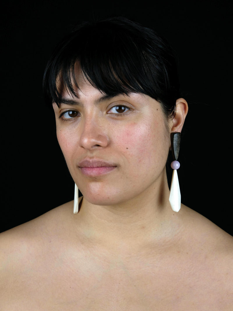 Earrings: horn, kunzite, bone, bog oak