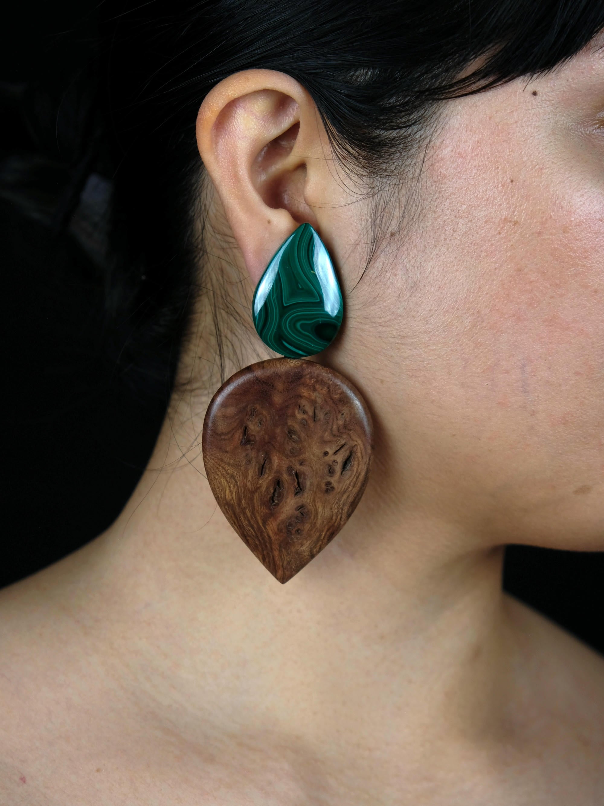 Earrings: briar root, malachite