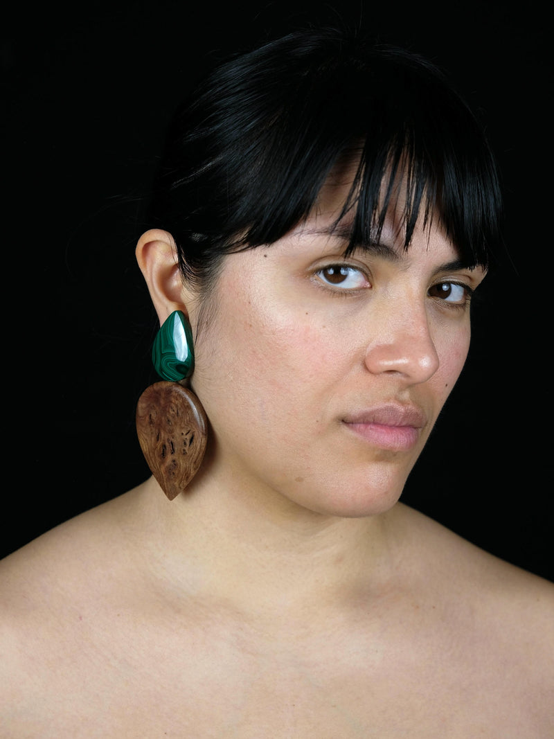 Earrings: briar root, malachite