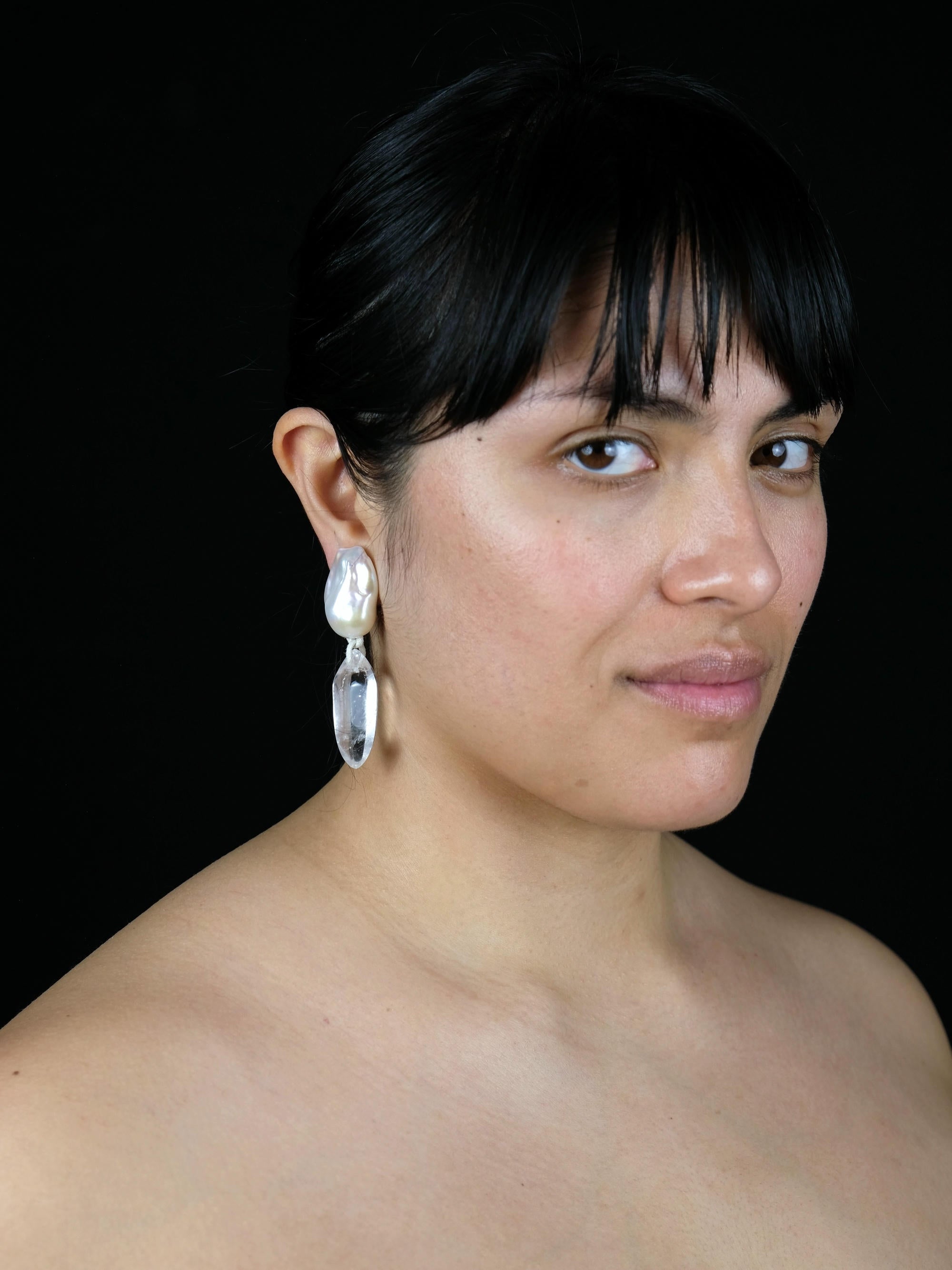 Earrings: mountain crystal, baroque pearls
