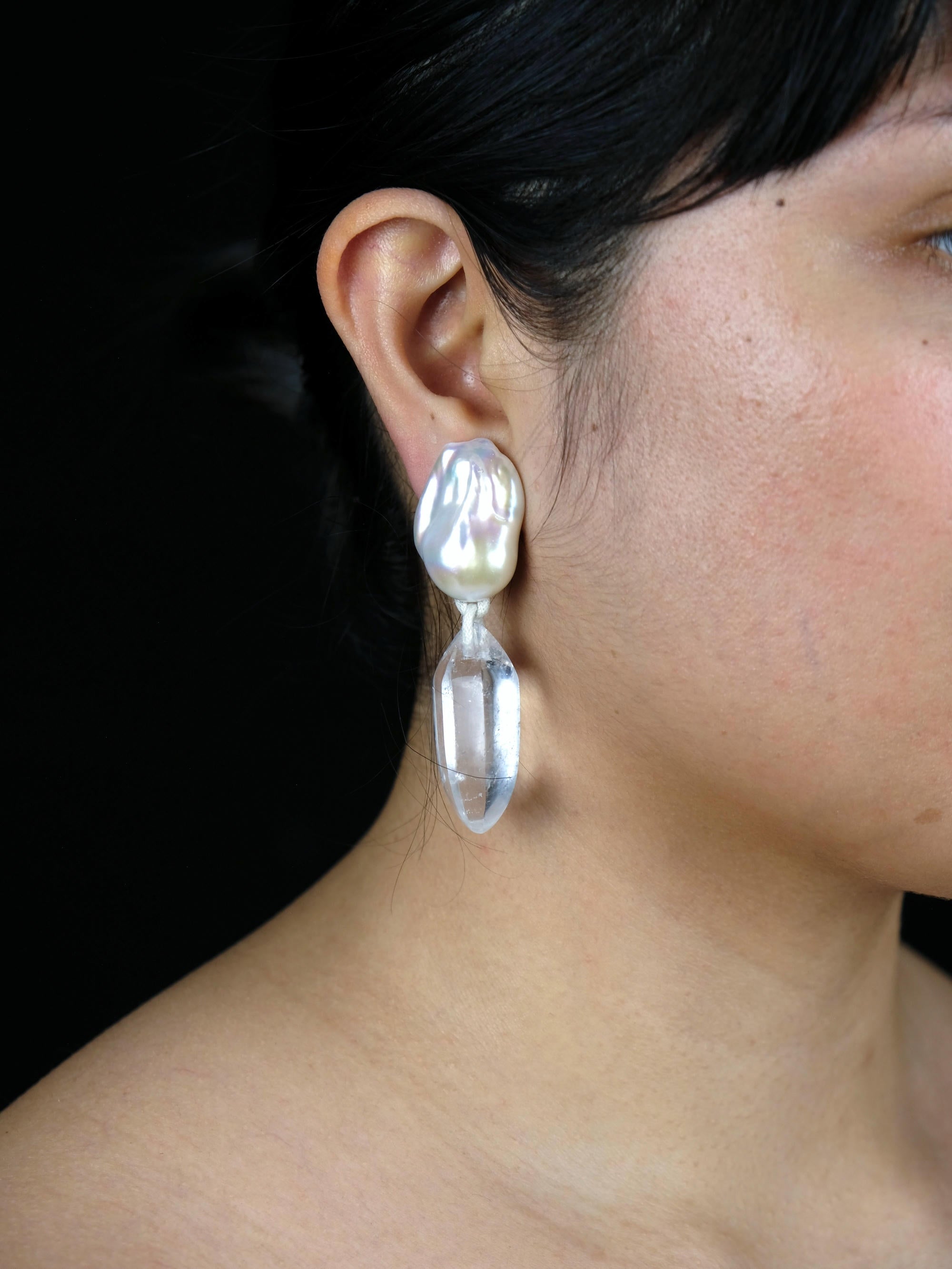 Earrings: mountain crystal, baroque pearls
