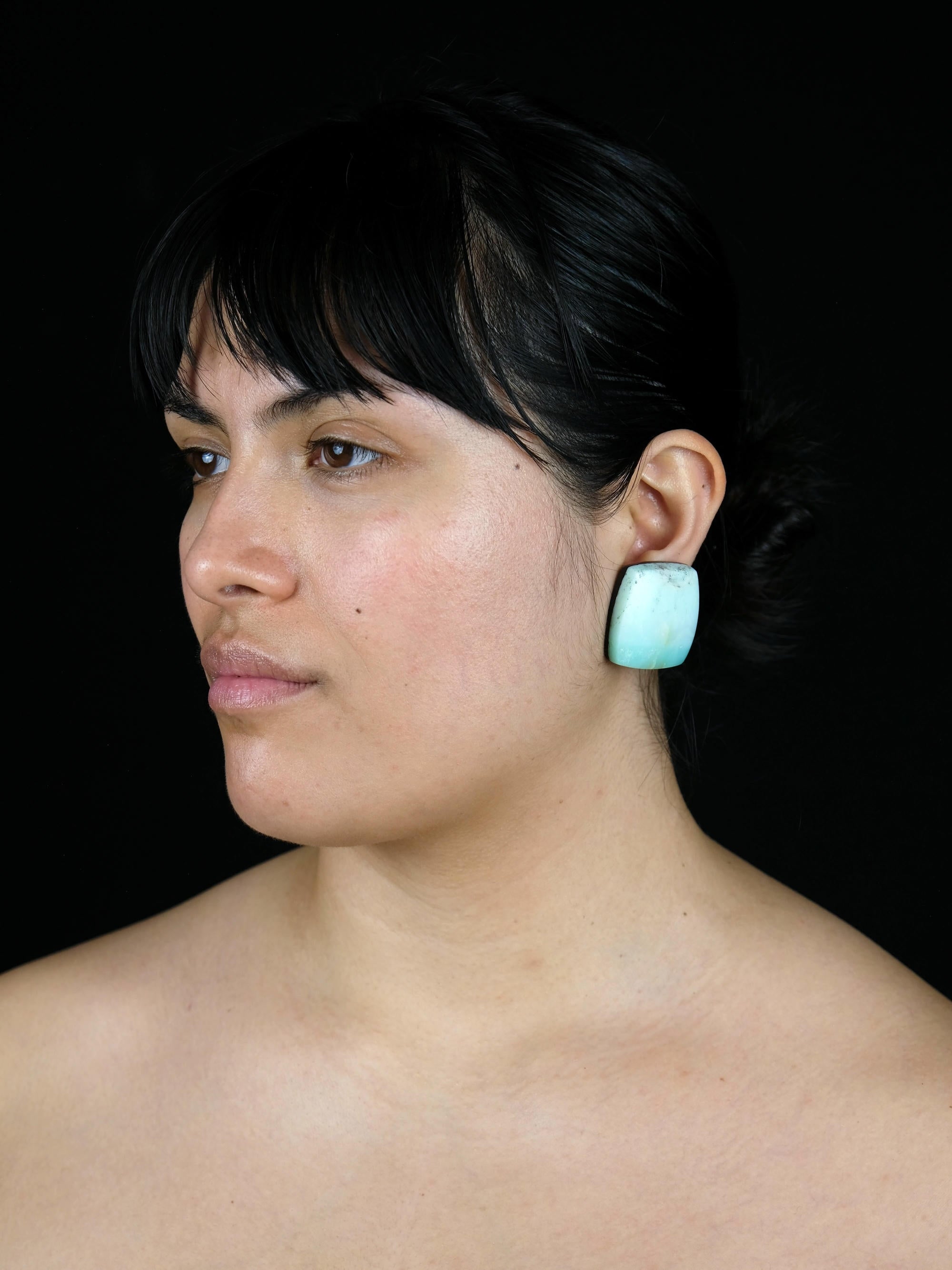Earrings: chalcedony, leather