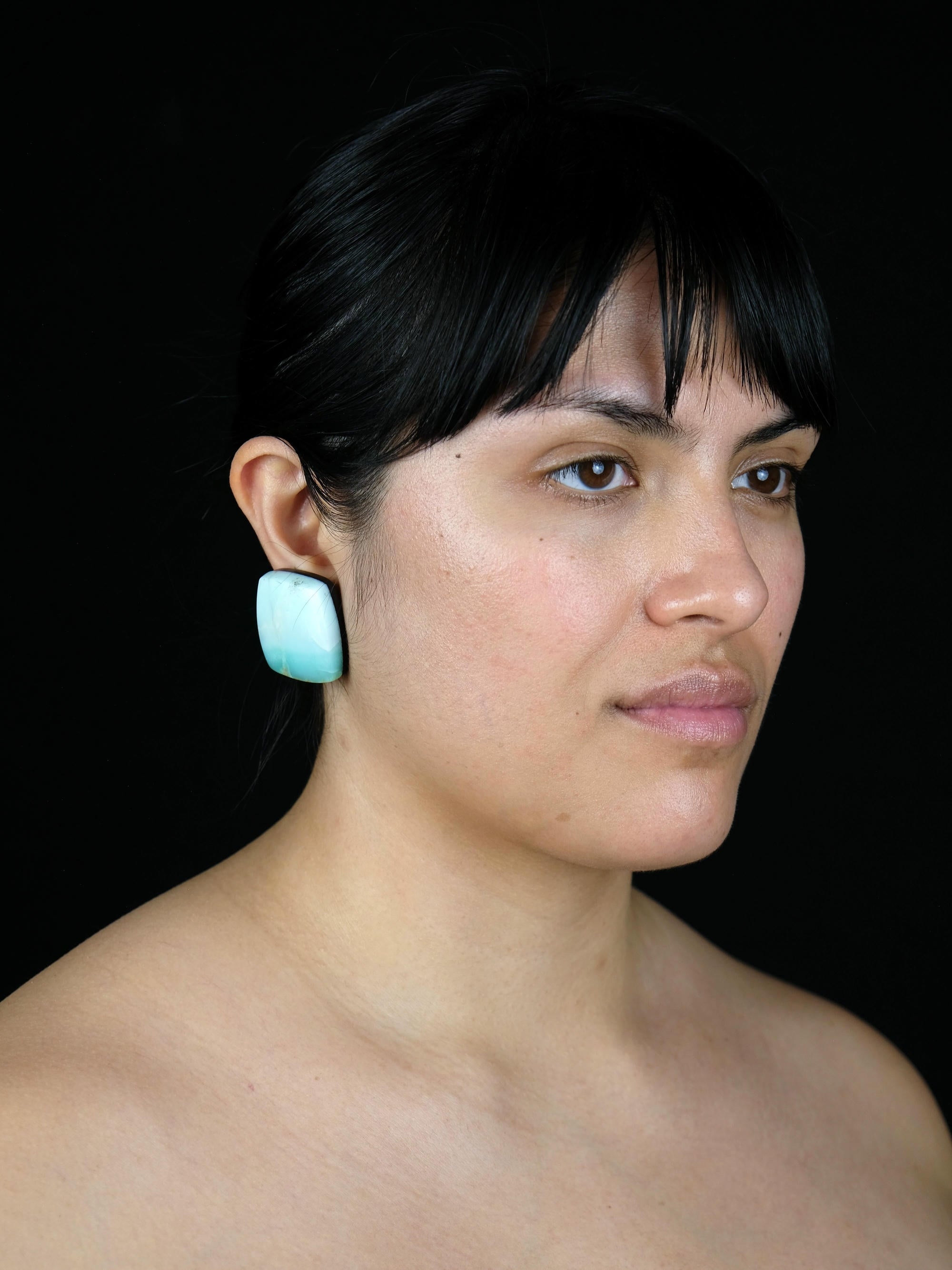 Earrings: chalcedony, leather
