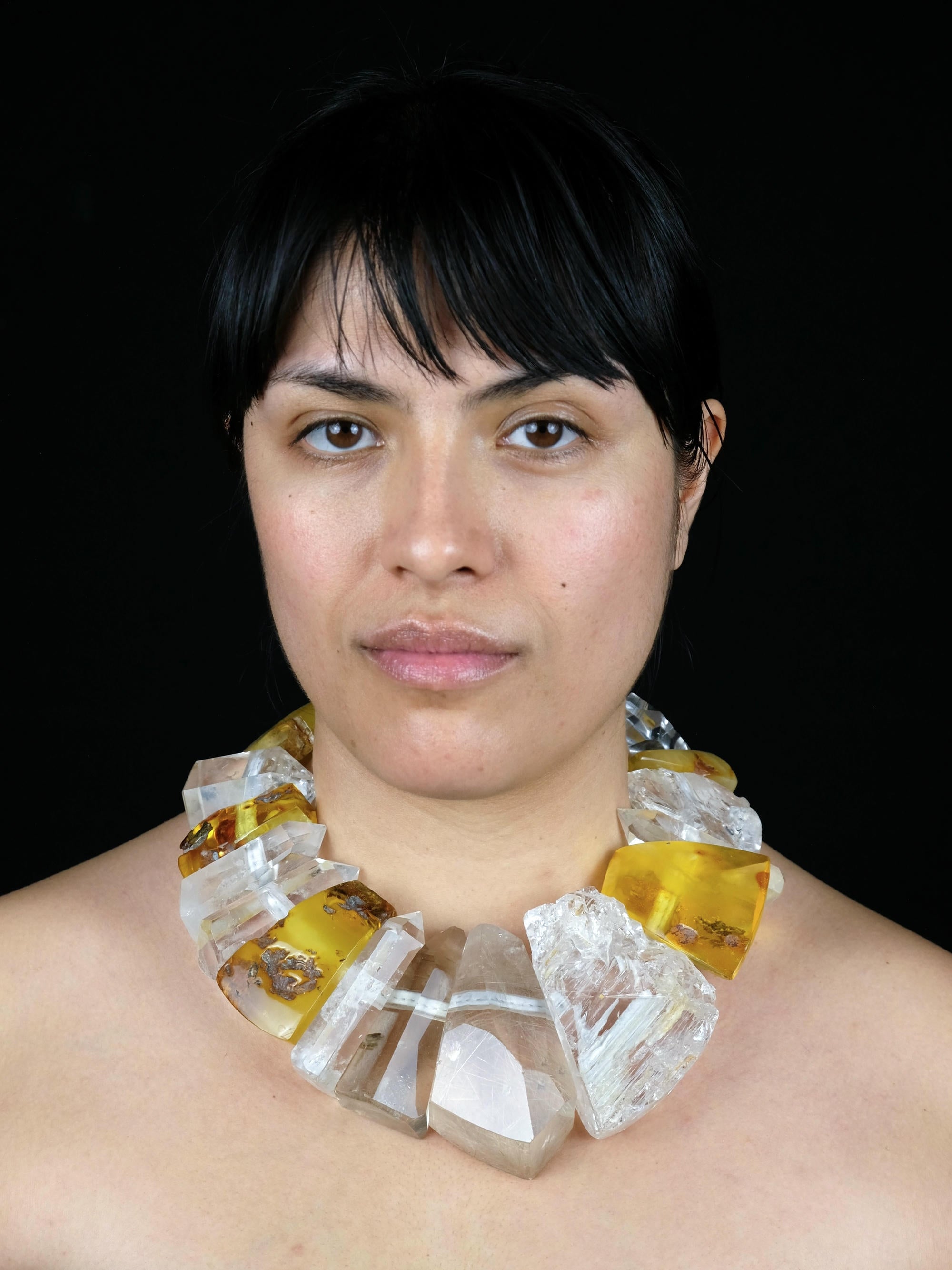 Necklace: amber, mountain crystal, quartz