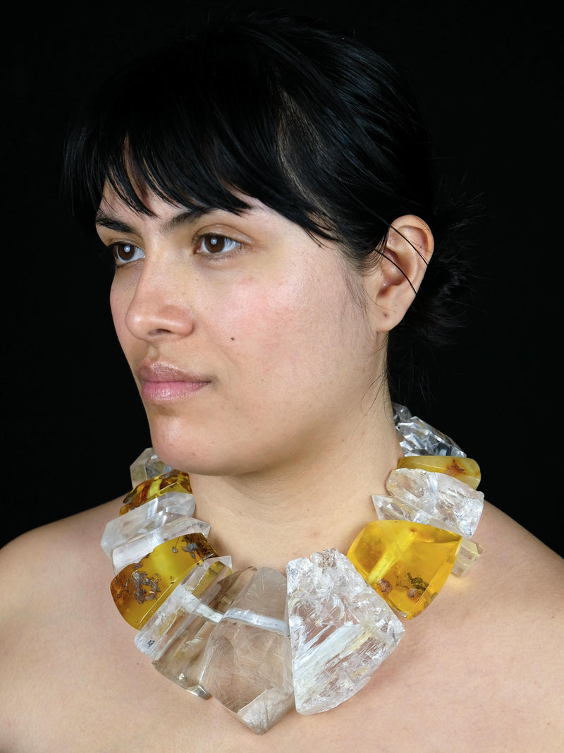 Necklace: amber, mountain crystal, quartz