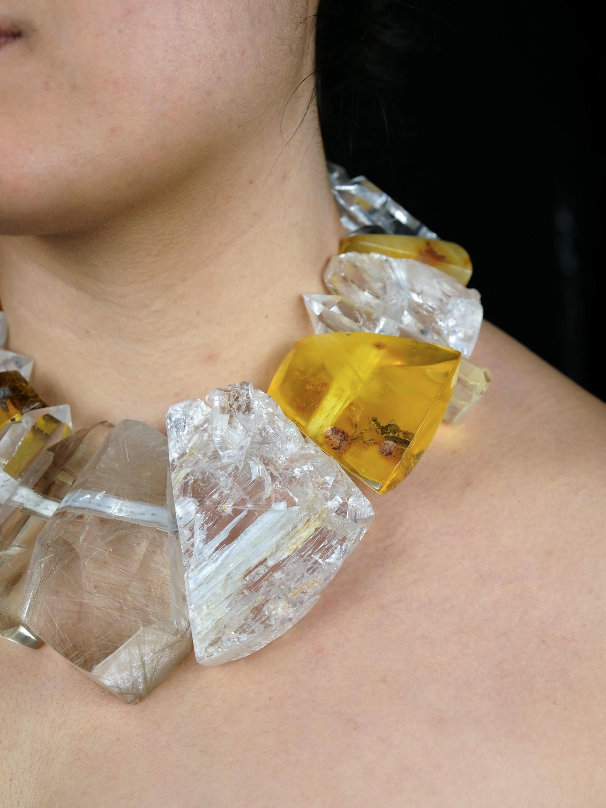 Necklace: amber, mountain crystal, quartz