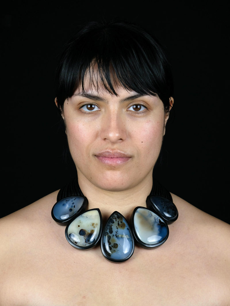 Necklace: dendritic agate, ebony, leather